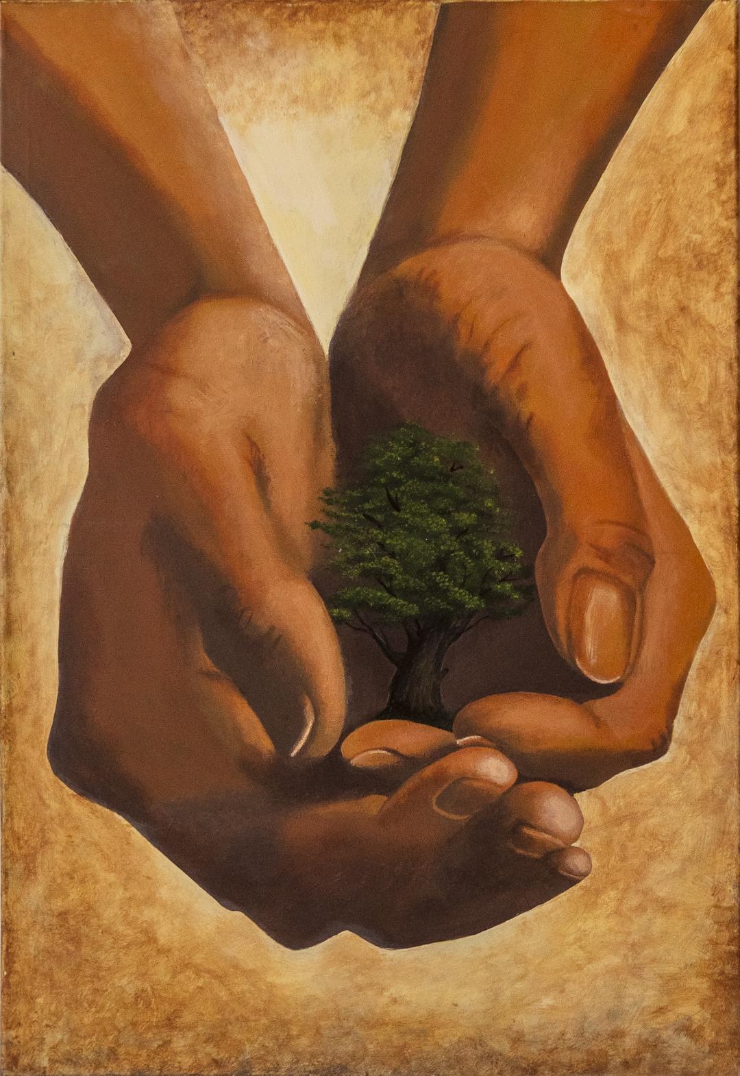 Painting of two large cupped hands holding a small green tree sapling against a warm golden-brown background