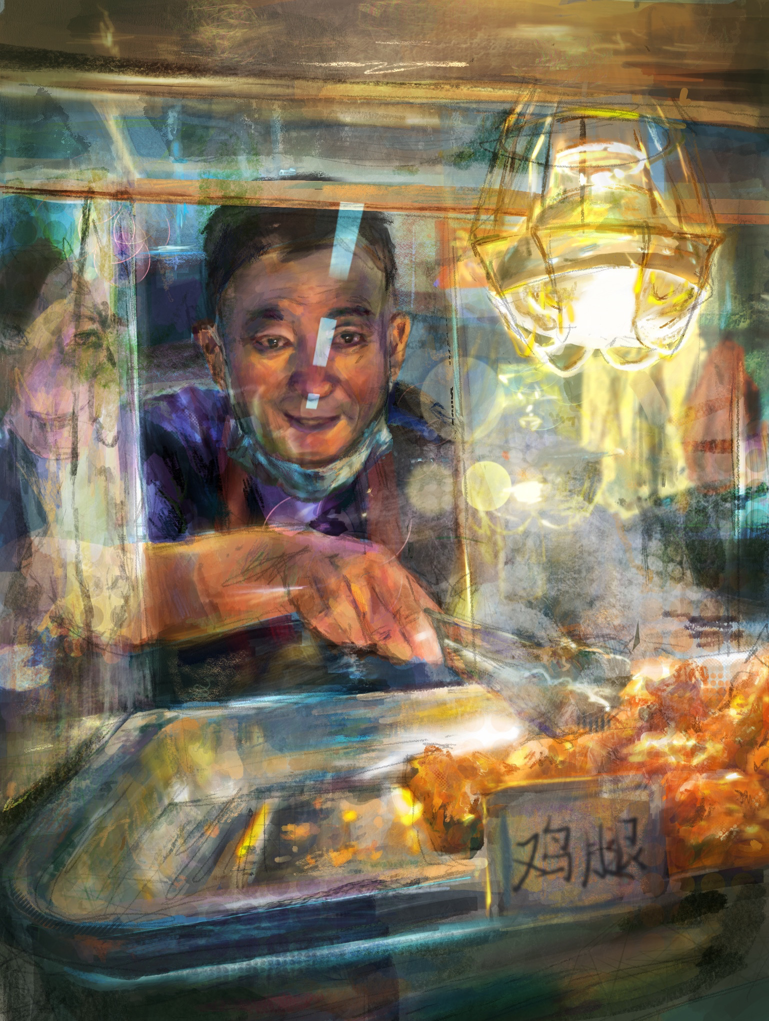 Atmospheric digital painting of a Chinese street-food vendor with a lowered mask leaning out of his cart window beneath a glowing golden lamp, a tray of fried chicken legs below with a hand-lettered sign reading chicken legs