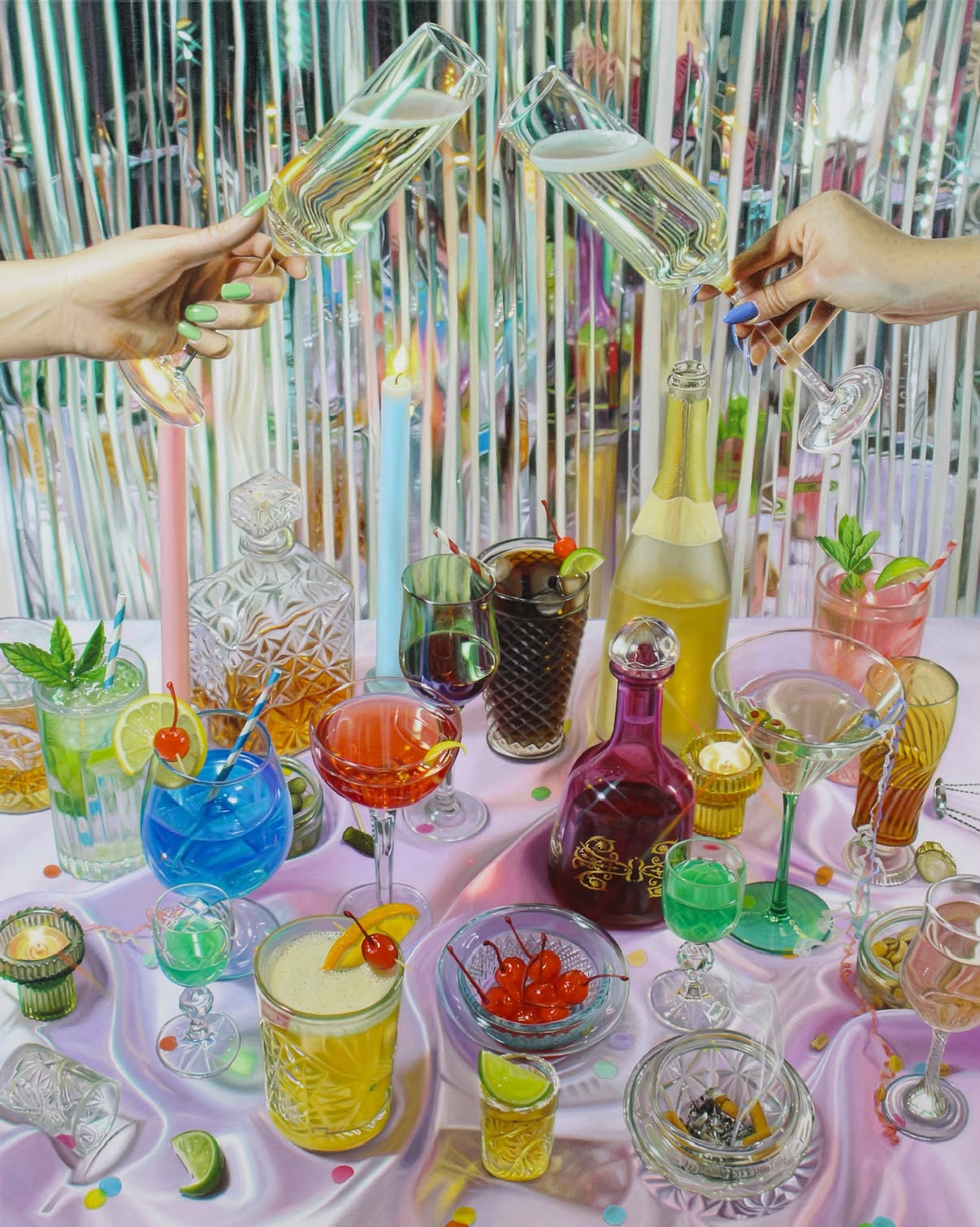 Hyperrealistic painting of two manicured hands clinking champagne flutes over a glossy table of colorful cocktails against a silver tinsel backdrop
