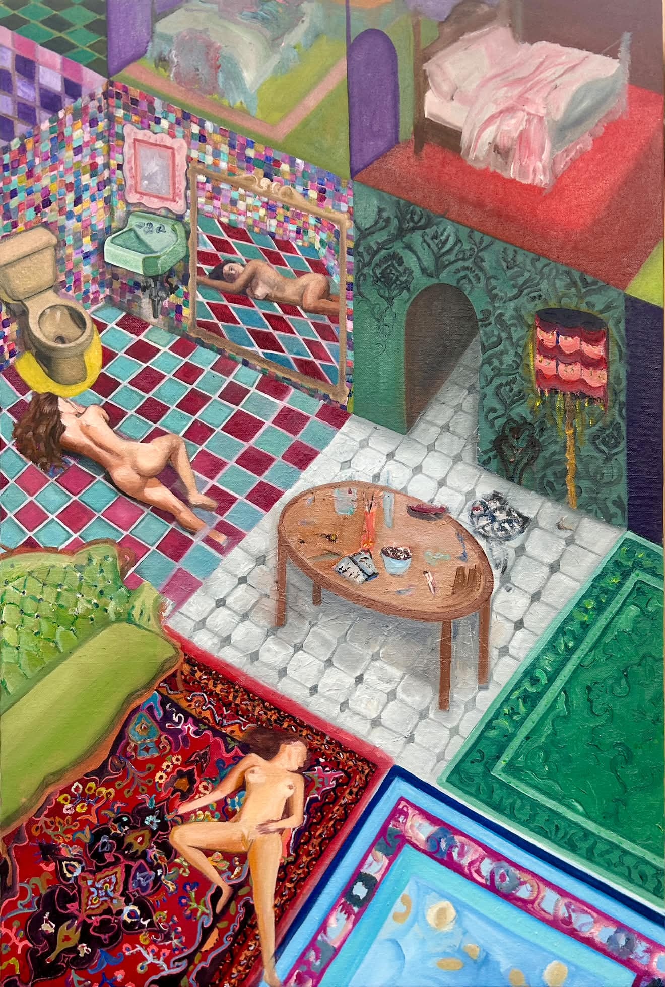Colorful isometric oil painting of stacked, patterned domestic rooms with nude female figures reclining in each