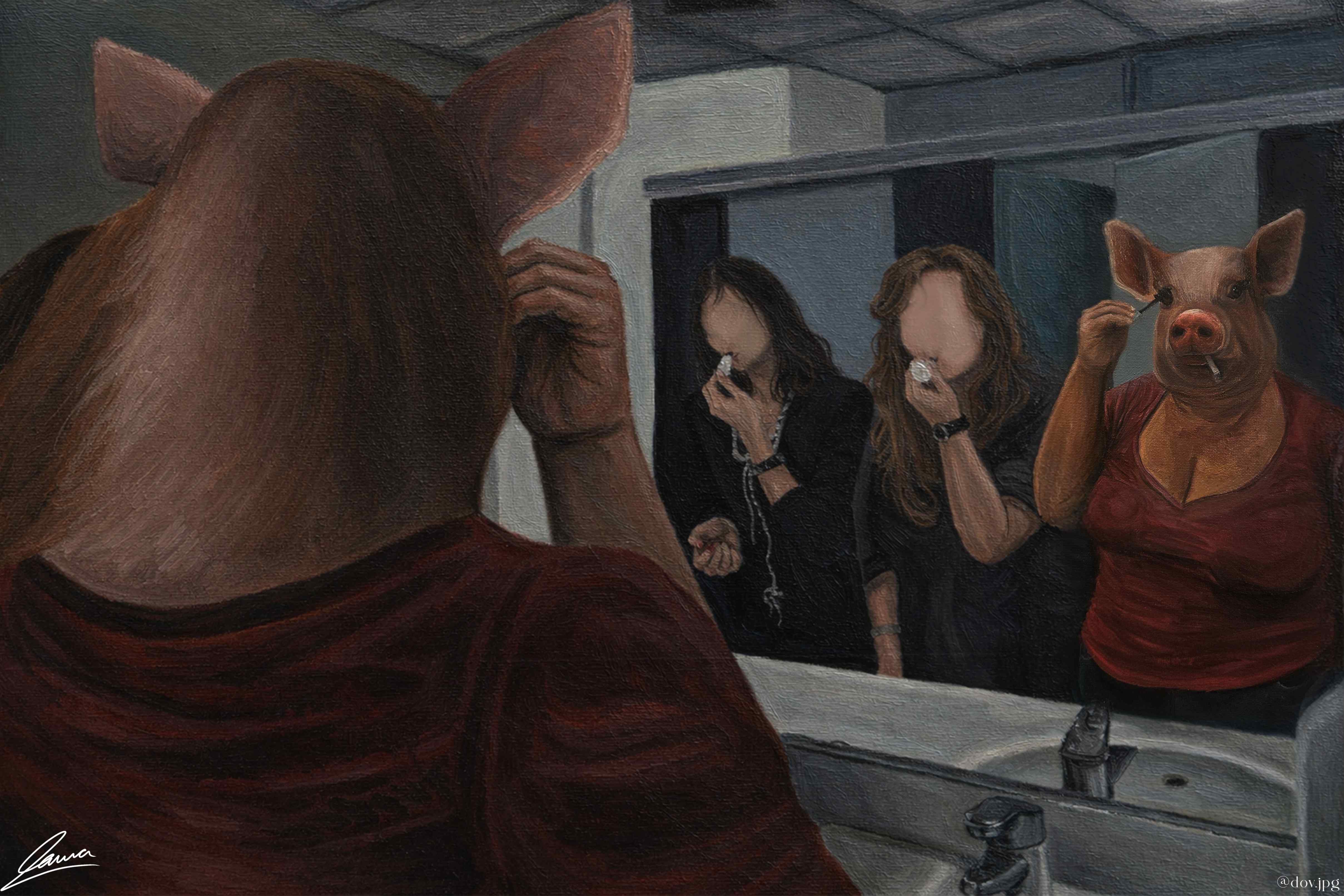 Oil painting of a figure with a pig's head in a red top applying mascara at a bathroom mirror, flanked by faceless reflections