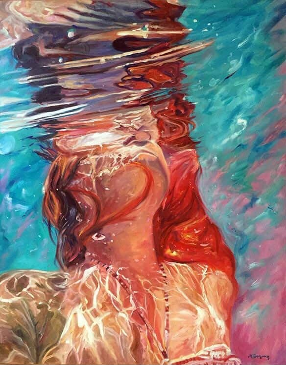 Oil painting of a woman submerged underwater, her red hair and clothing dissolving into swirling turquoise and coral reflections on the surface above her