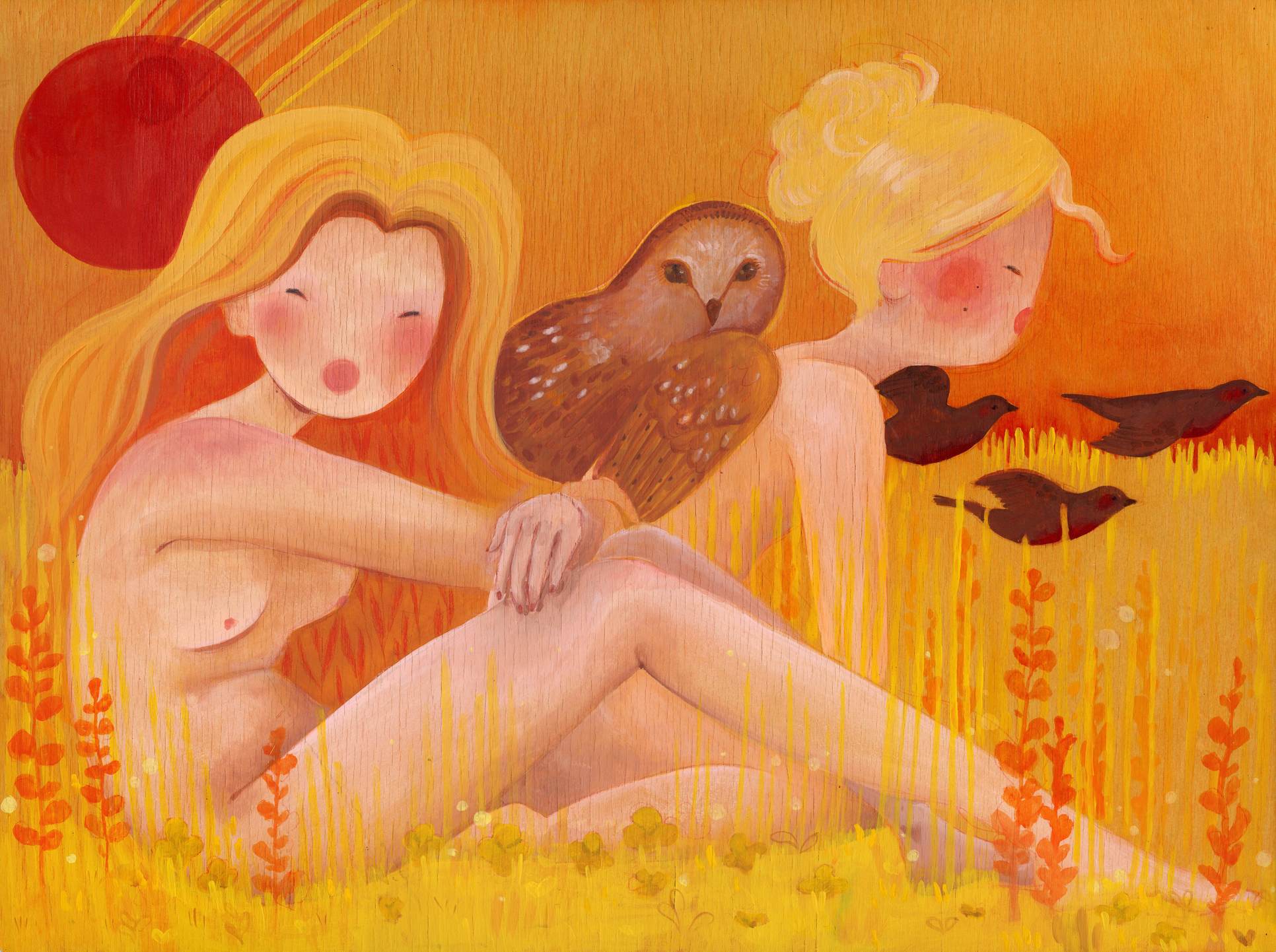 Painting of two nude women sitting in golden wheat, one cradling an owl on her forearm as blackbirds fly past a red sun