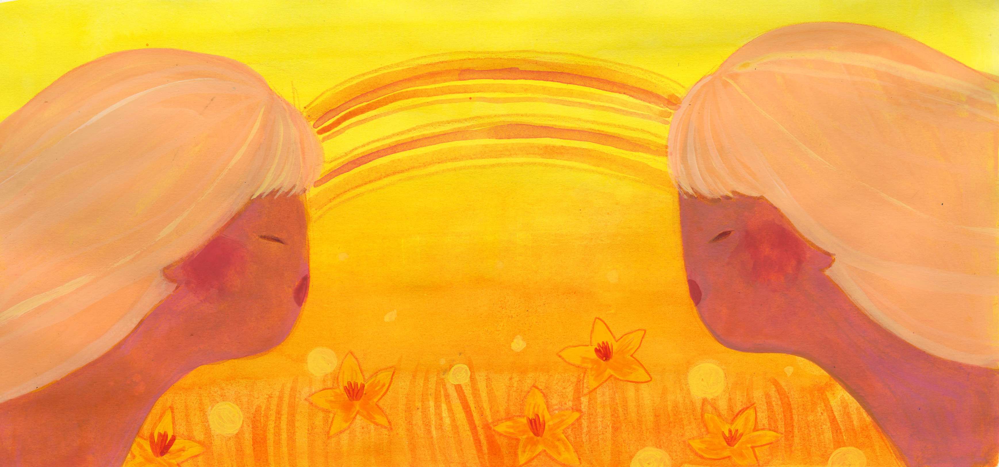 Painting of two blonde figures with foreheads nearly touching beneath a glowing orange rainbow, set in a field of yellow lilies