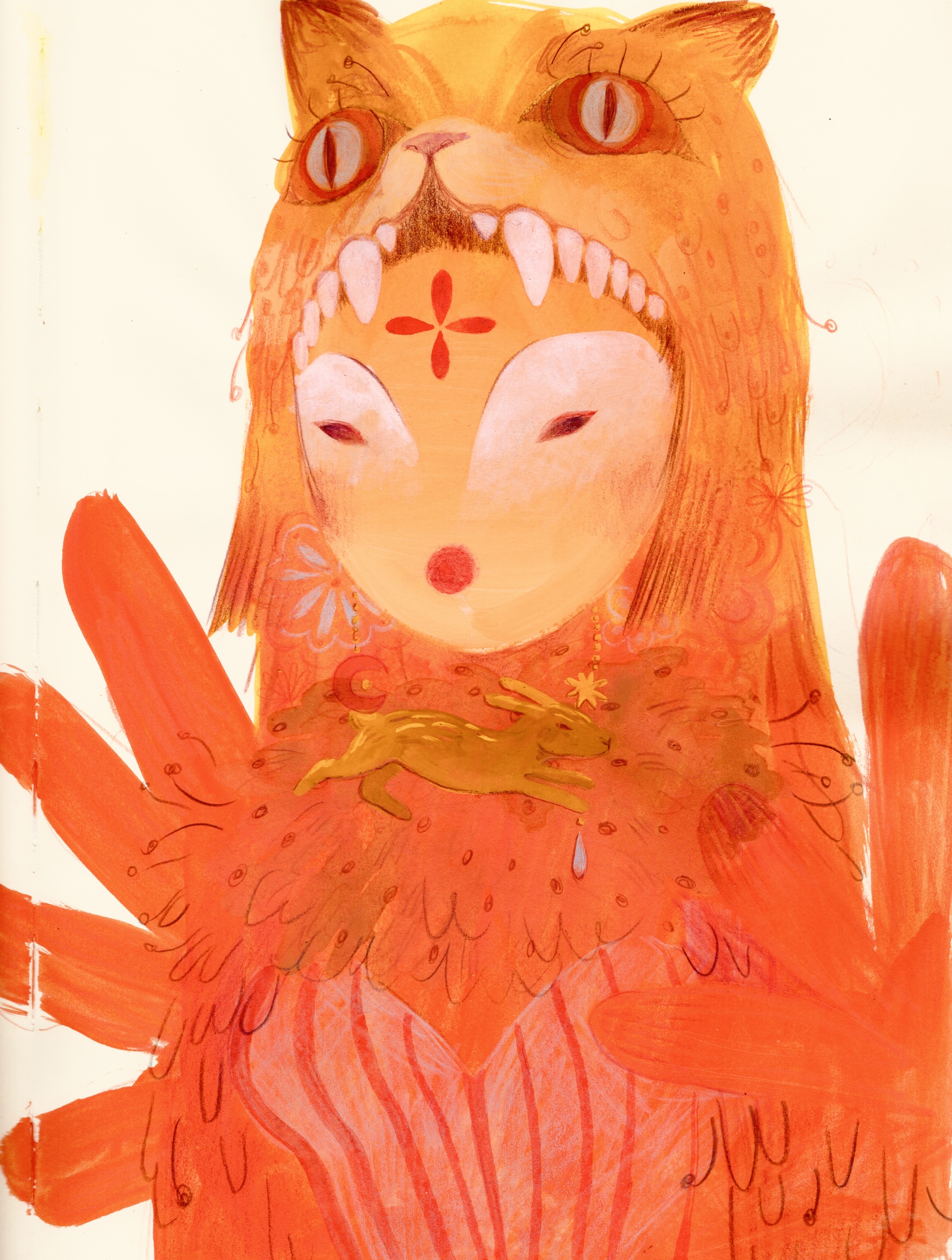 Painting of a fanged fox-woman with a red dot between her brows and a golden rabbit charm at her chest