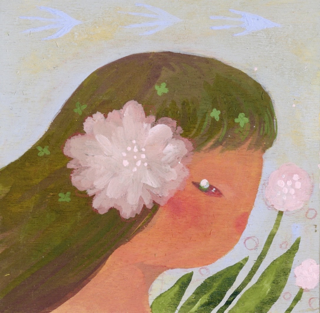 Close-up painting of a girl with green hair and a pale pink flower tucked behind her ear, birds passing overhead