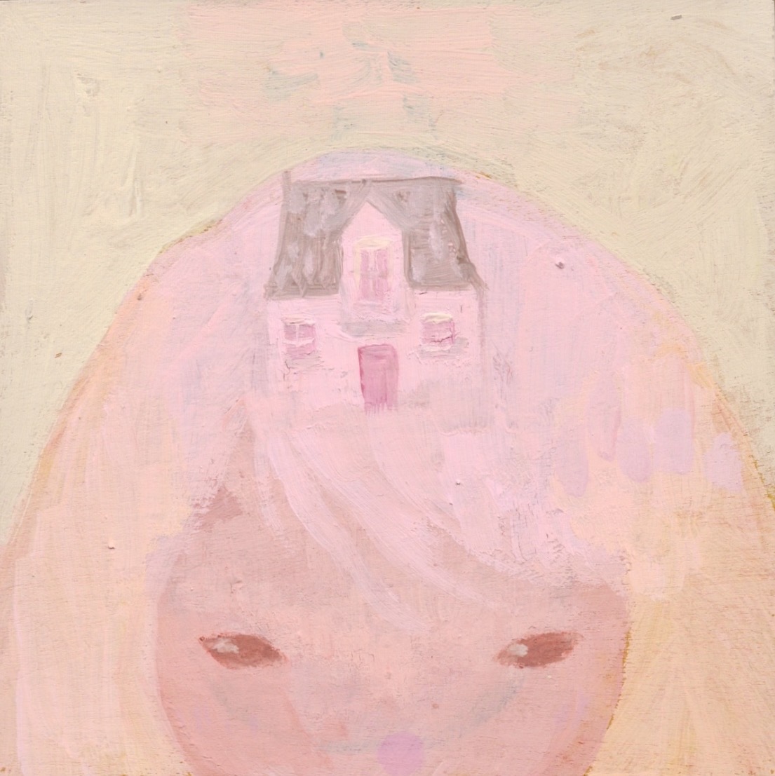 Painting of a pale pink head and hair in the shape of a rolling hill, with a small grey house built into the top where the mind would be