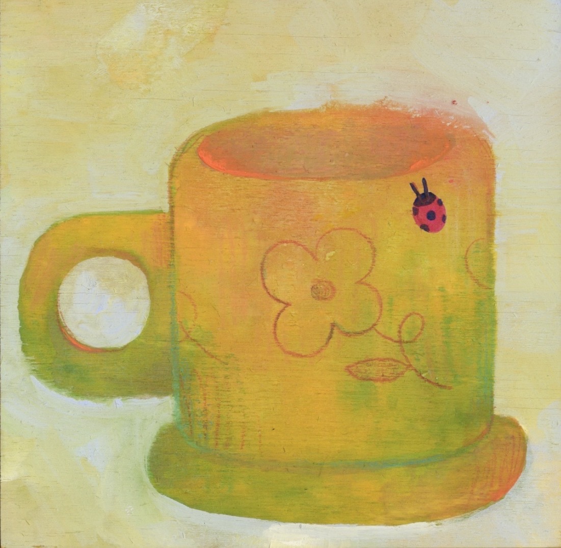 Painting of a yellow-green ceramic mug with a faint outlined flower and a small red ladybug perched near the rim