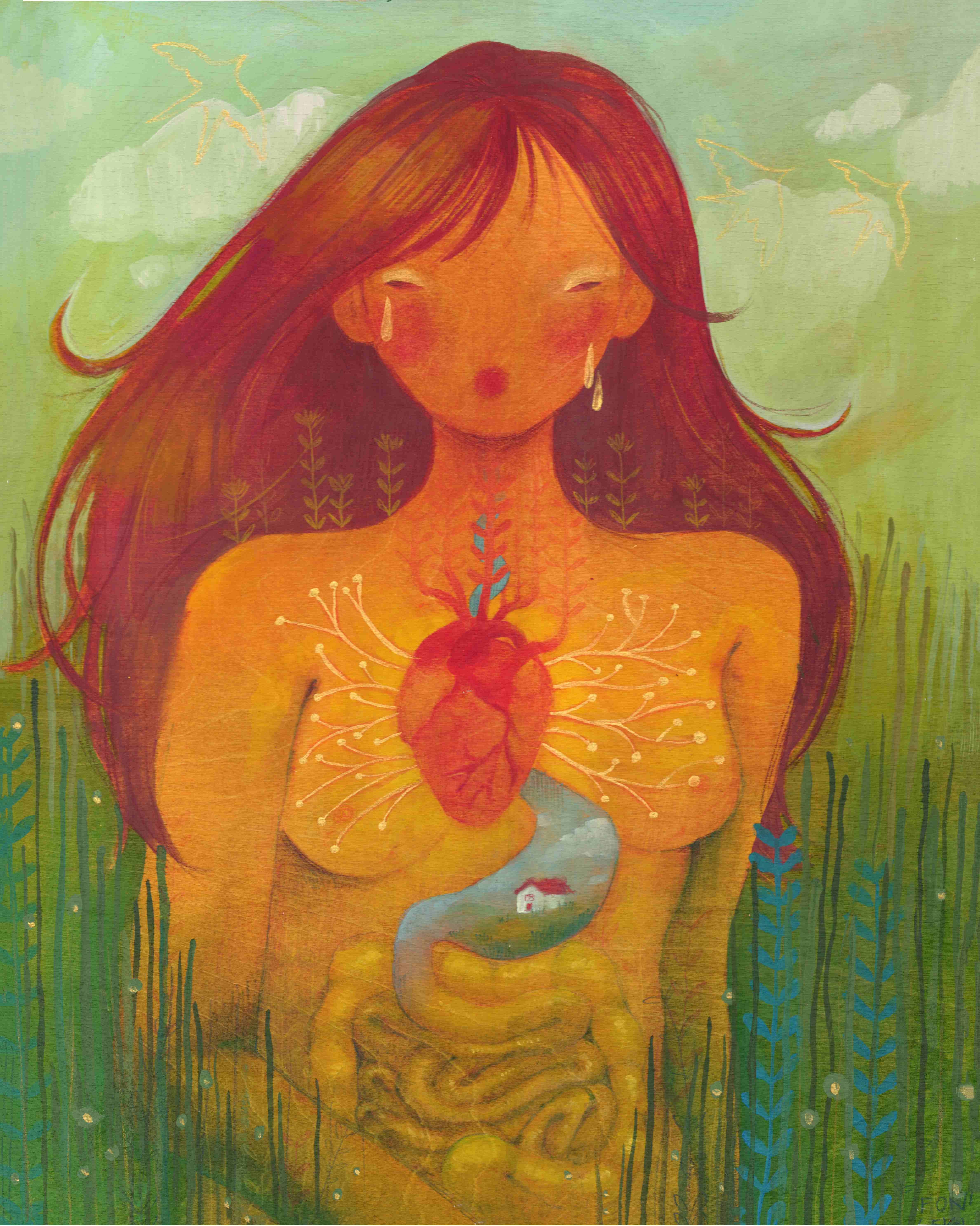 Painting of a woman with red hair and an exposed anatomical heart standing in a green field, tears falling