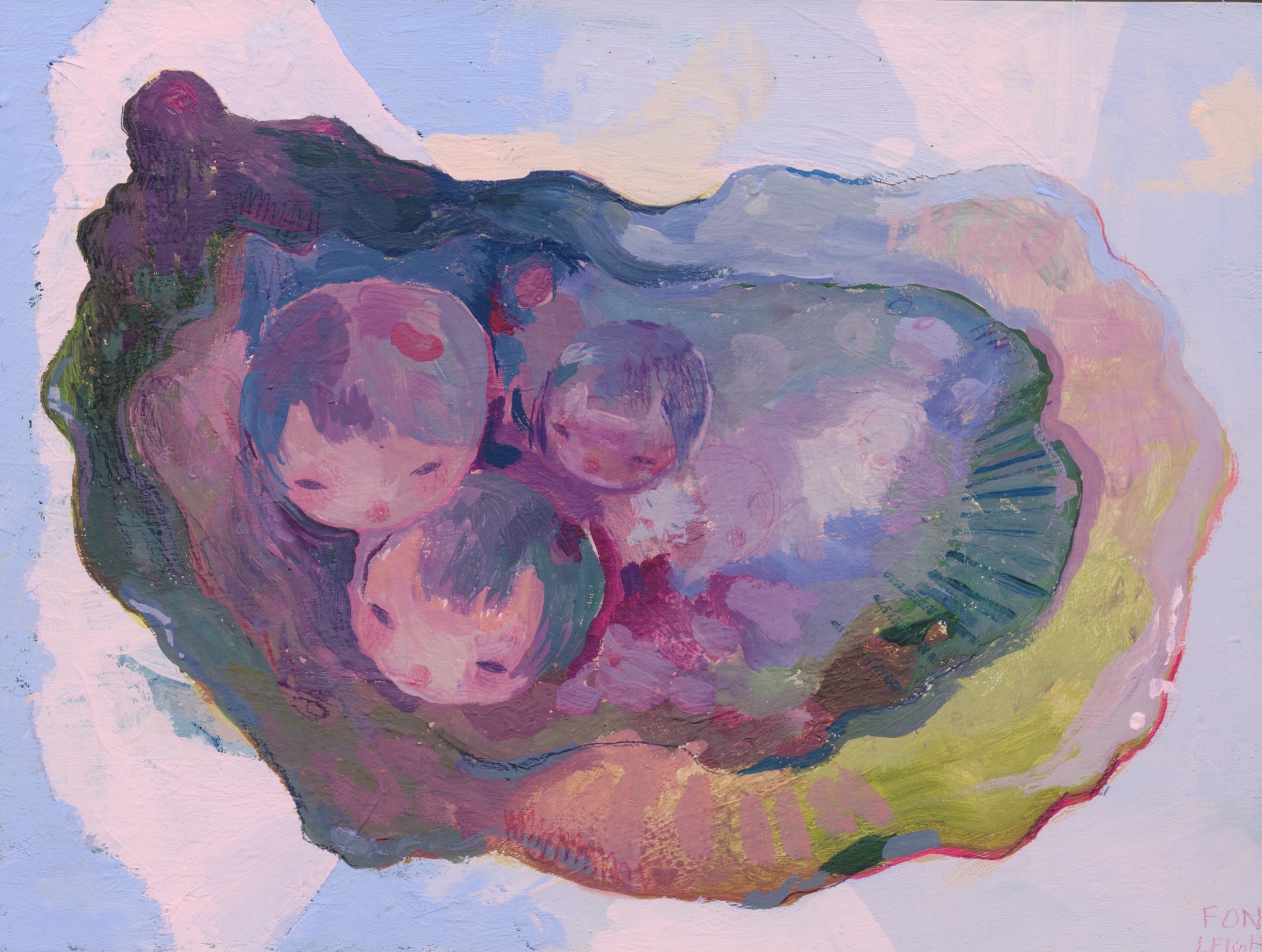 Painting of three round, pale faces nestled together inside the open ridged shell of an oyster, rendered in dusty lavender, blue and olive tones