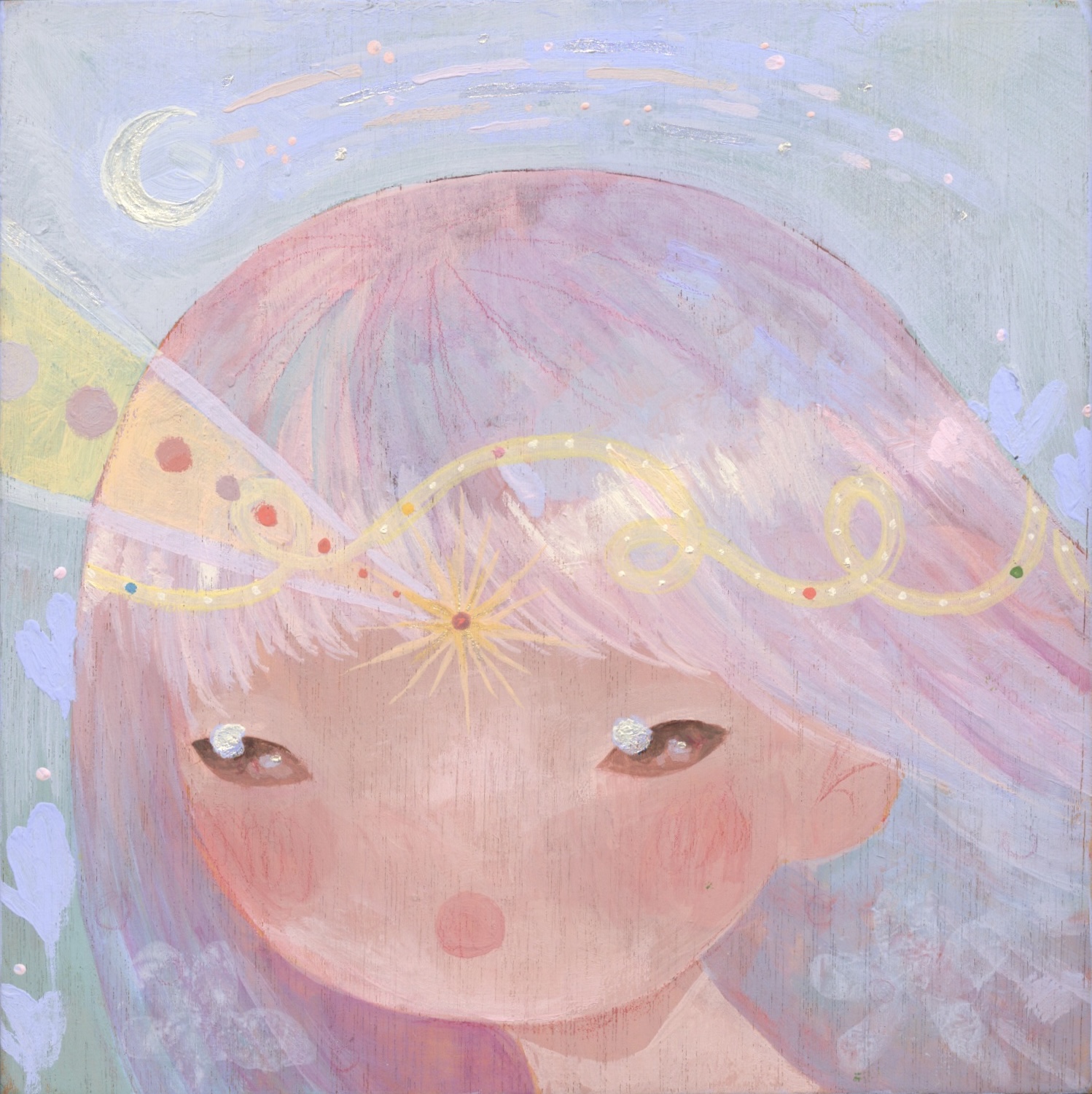 Painting of a girl with a glittering star at her third eye and a looping gold ribbon studded with tiny planets wound through her hair