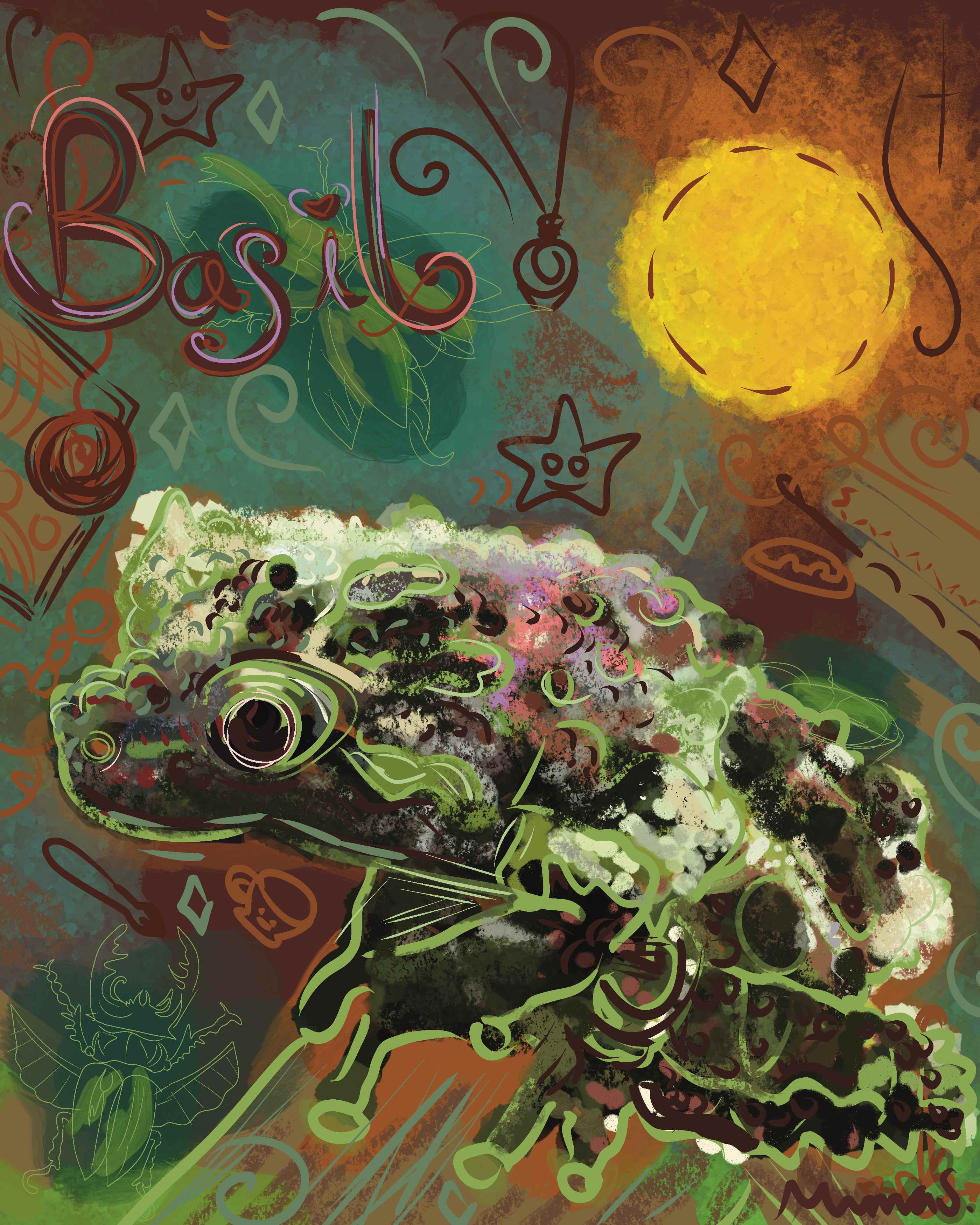 Painting of a mossy green frog beneath a glowing sun and stars, titled Basil
