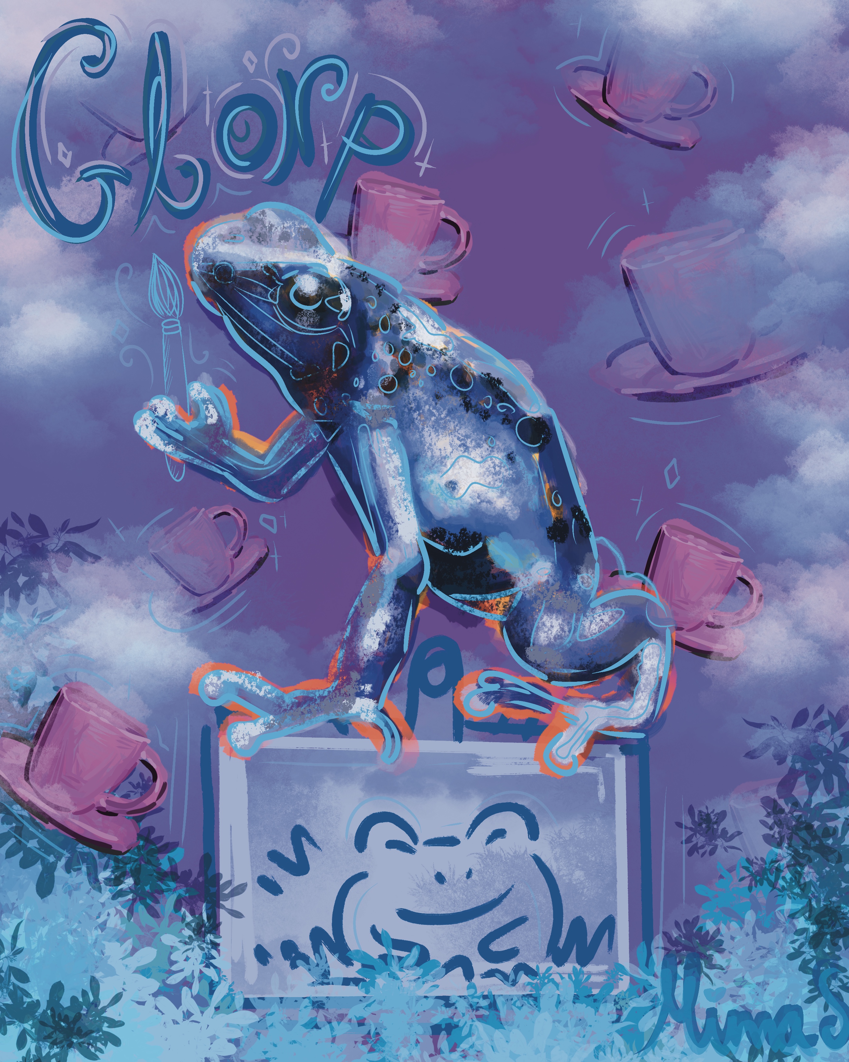 Painting of a blue poison dart frog holding a paintbrush beside a canvas and floating teacups, titled Glorp