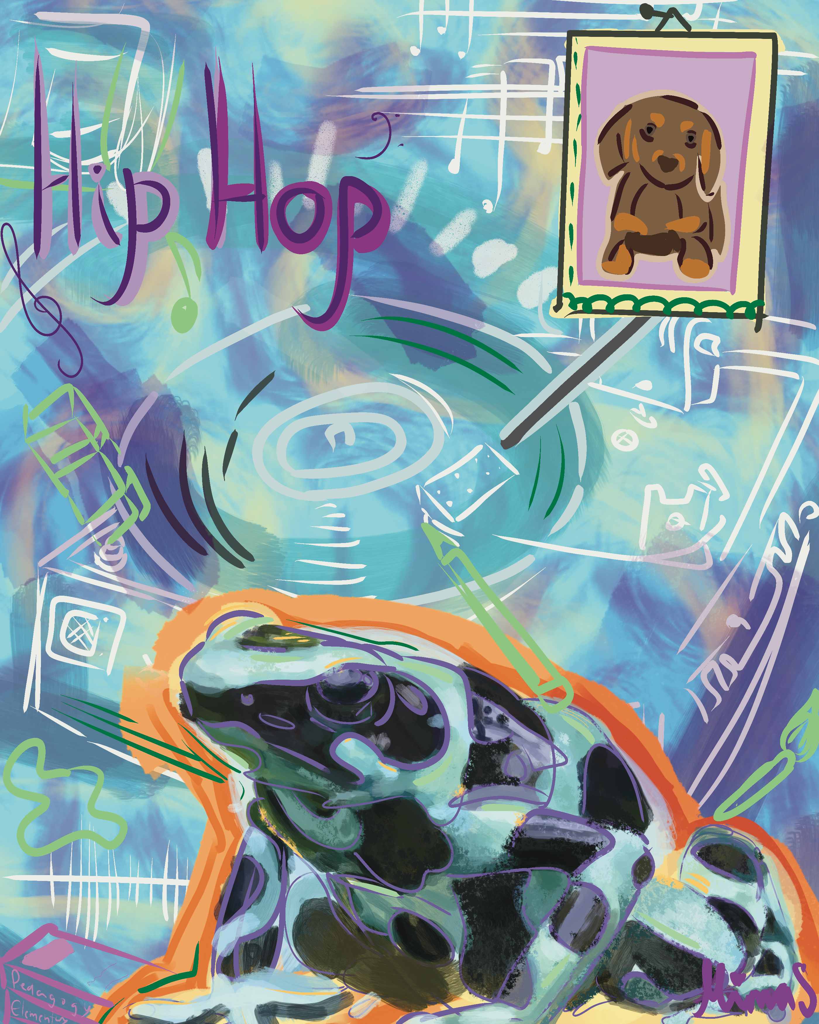 Painting of a spotted frog beside a record player and a framed portrait of a dog, titled Hip Hop
