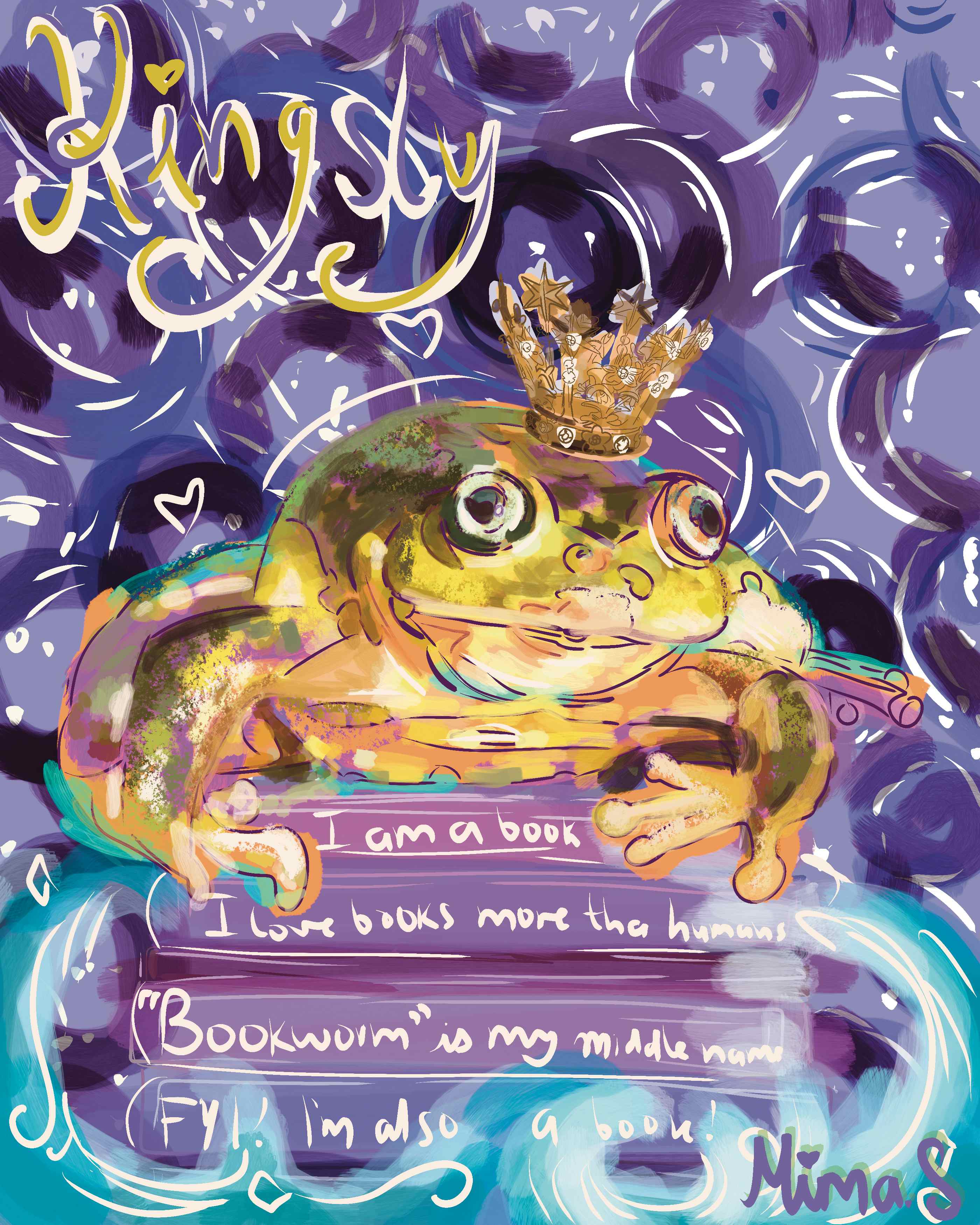 Painting of a golden frog wearing a jeweled crown and resting on stacked books, titled Kingsly