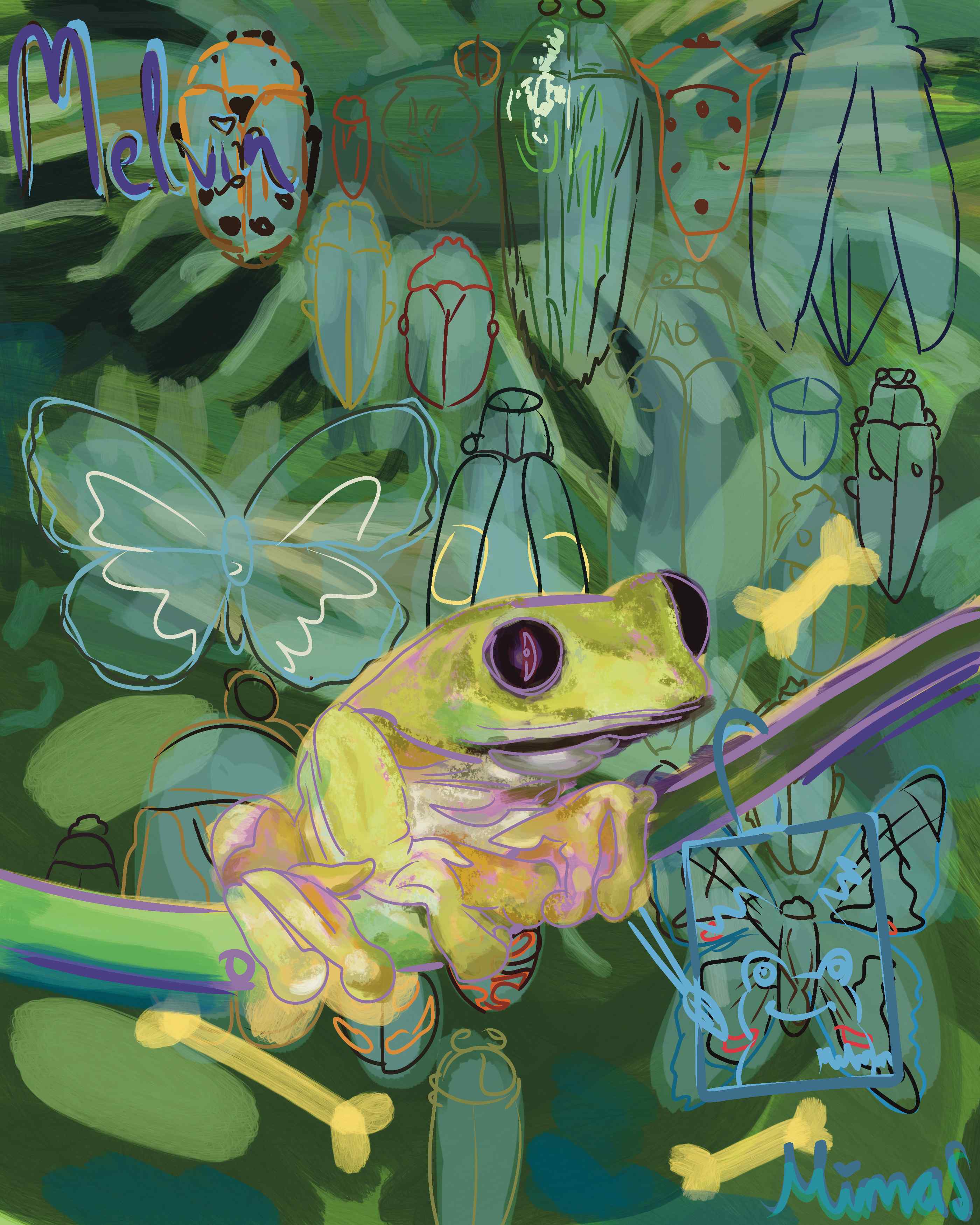 Painting of a yellow tree frog perched on a branch surrounded by beetle and butterfly illustrations, titled Melvin