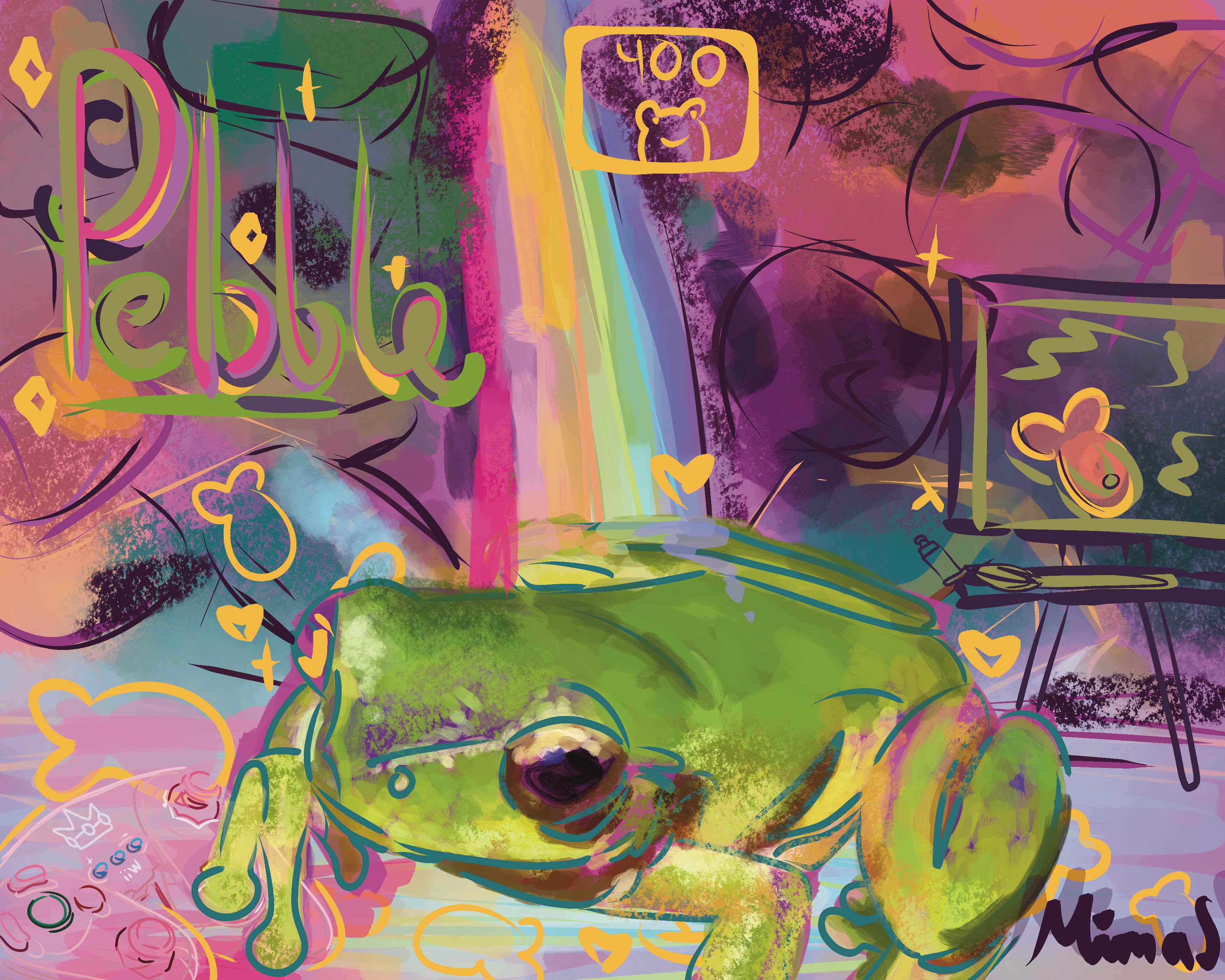 Painting of a green frog beneath a rainbow with a small television and floating hearts, titled Pebble