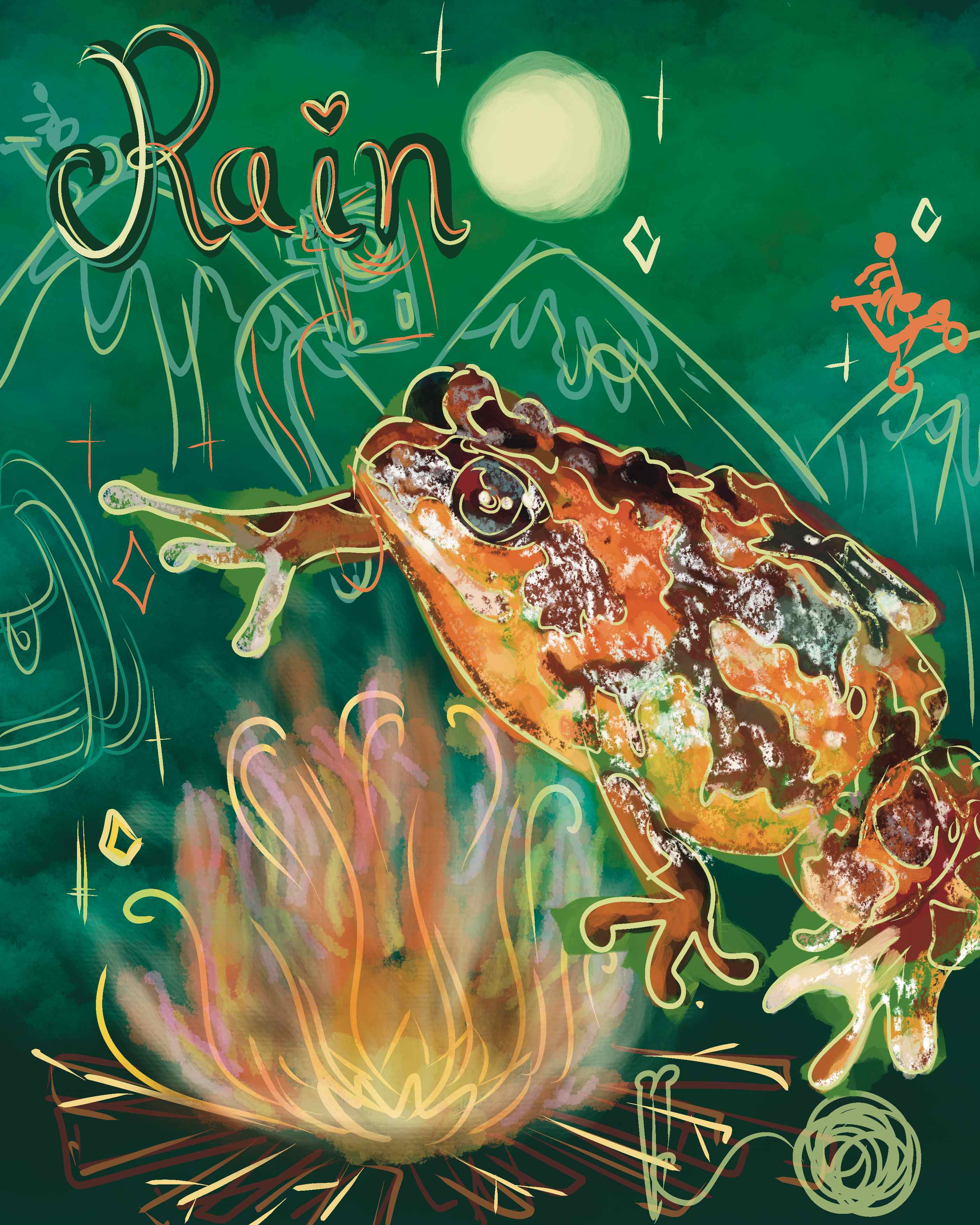 Painting of an orange and brown frog beside a campfire under a full moon and mountains, titled Rain