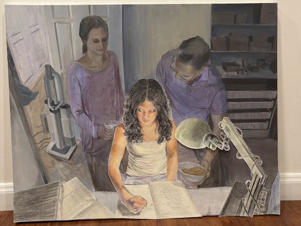 Painting of a young woman studying at a desk while her parents bring her snacks and water