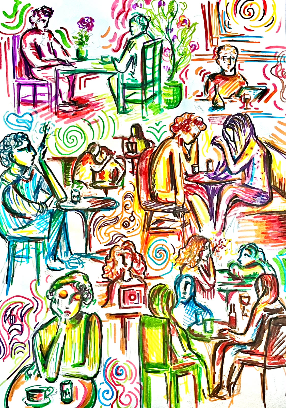 Energetic marker drawing of a busy cafe or bar, with many figures seated at tables rendered in layered coloured lines and swirling motifs
