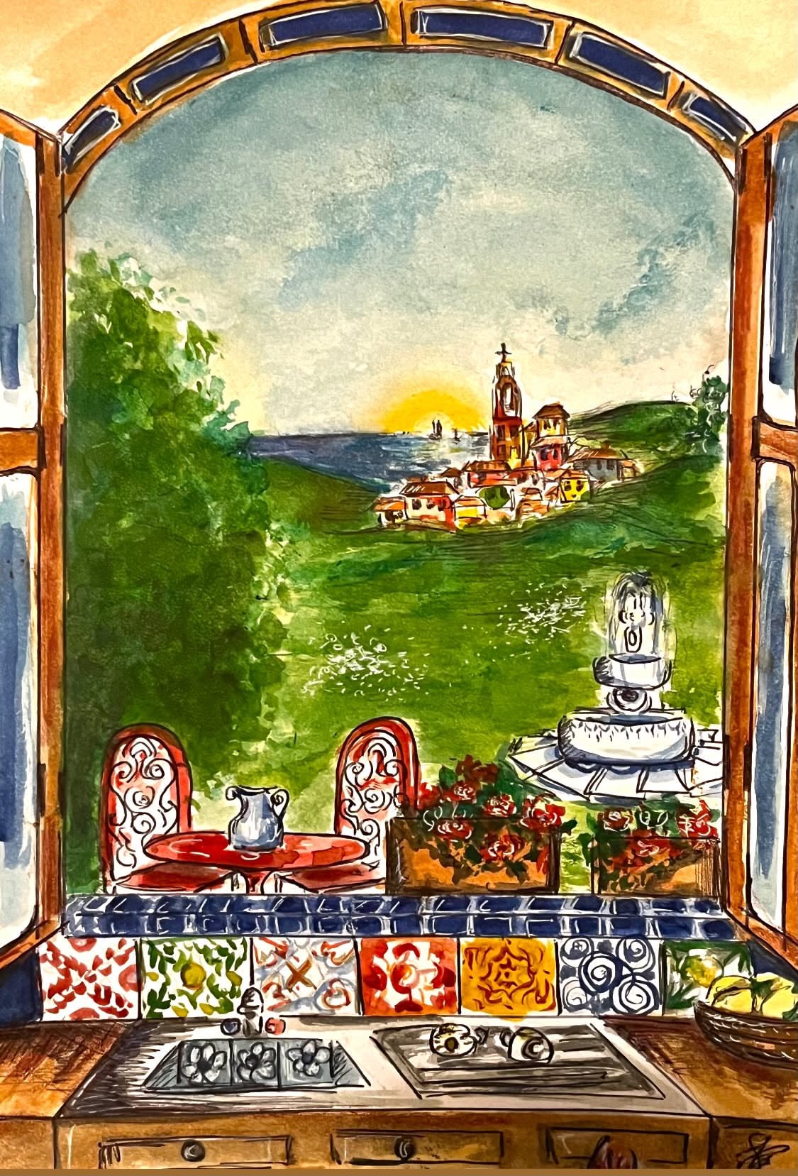 Watercolour of a Mexican-style kitchen window with colourful tiled sill, looking through an arched frame onto a sunlit Mediterranean village and sea beyond