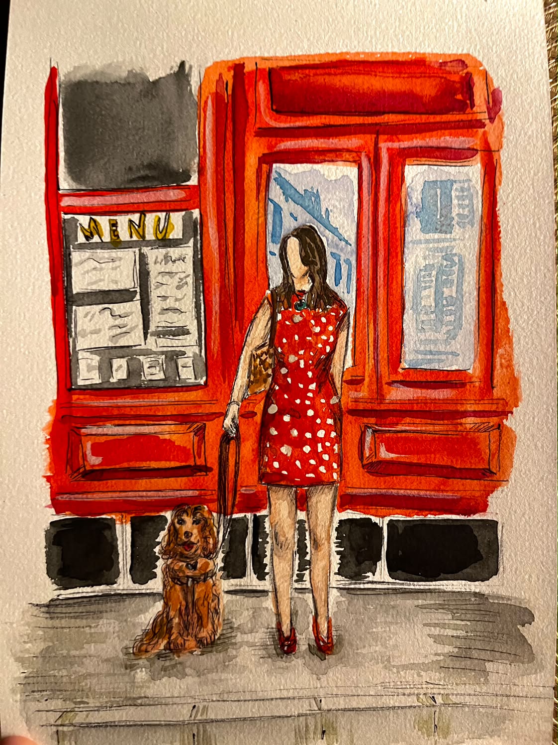 Watercolour sketch of a faceless woman in a red polka-dot dress standing outside a red Parisian restaurant facade, a golden cocker spaniel at her feet