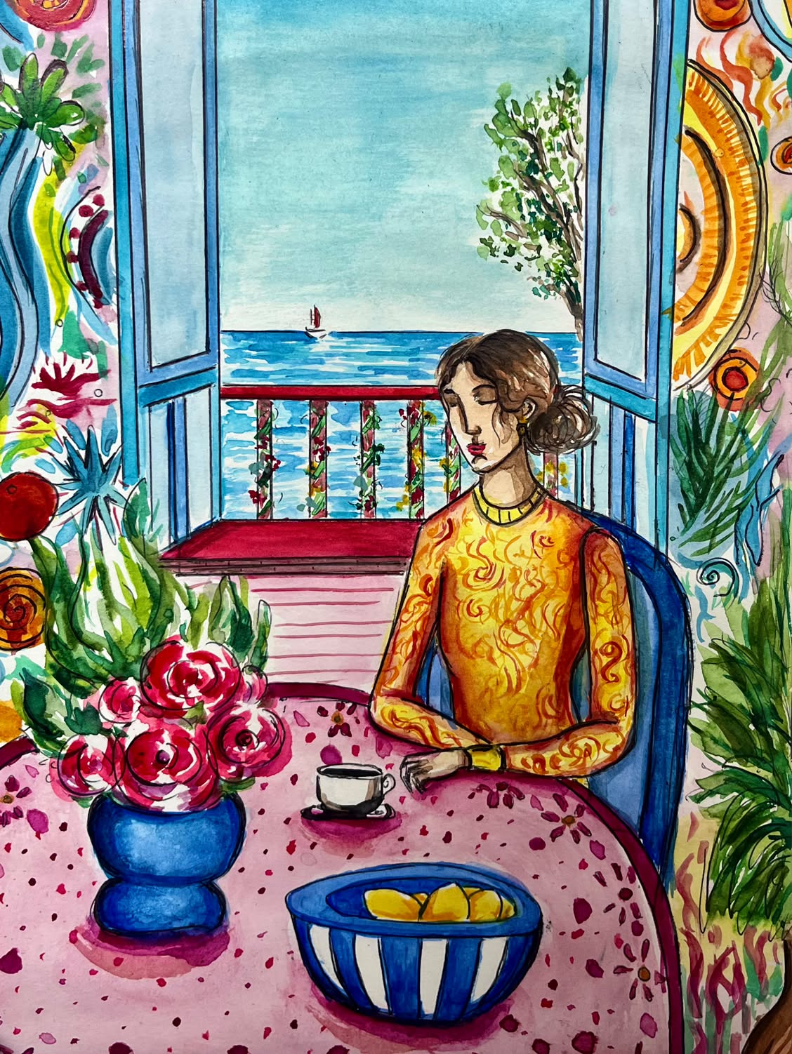 Matisse-inspired watercolour of a woman in an orange floral dress seated at a pink table with roses and lemons, balcony doors open onto a blue sea with a sailboat
