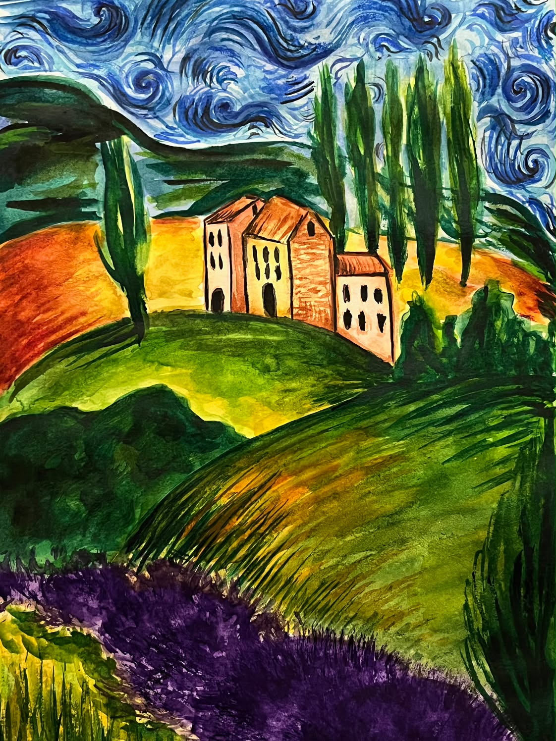 Van Gogh-inspired watercolour of a Tuscan farmhouse on a rolling hillside, cypress trees flanking it, swirling blue skies above and purple lavender below