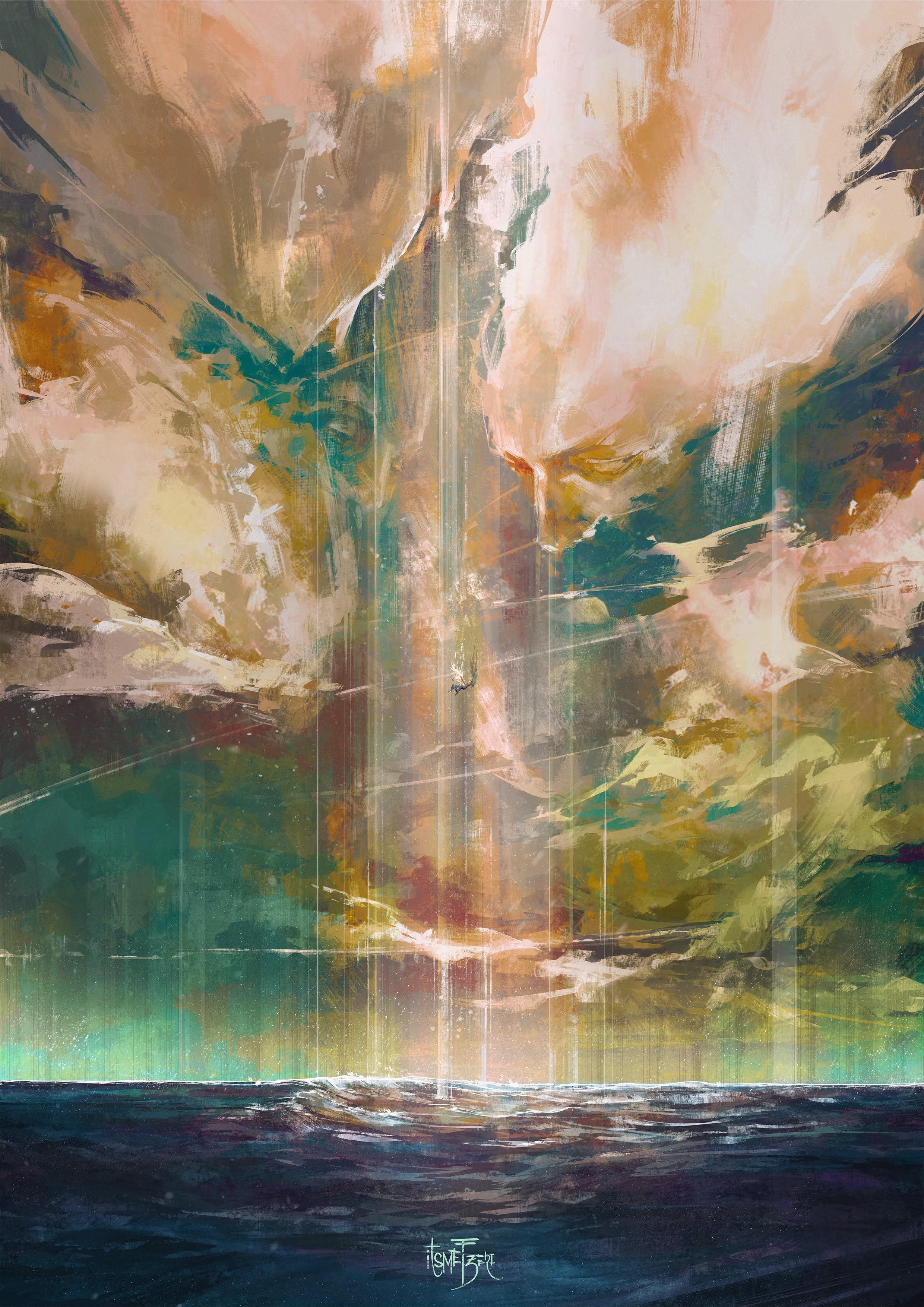 Abstract painting of a stormy peach, teal, and gold sky over dark water with a falling figure