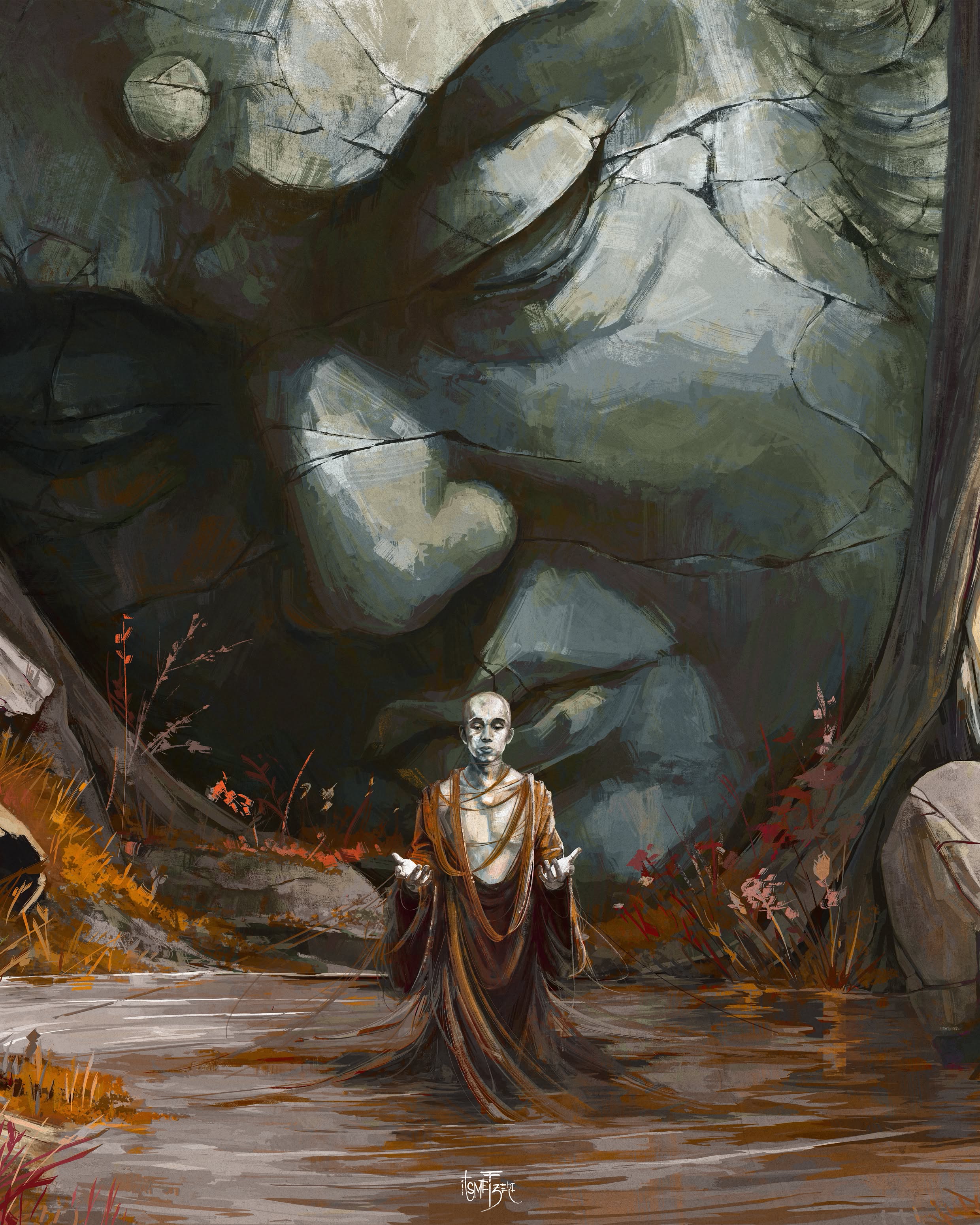 Painting of a robed, bald figure kneeling in prayer with hands raised inside a cave of cracked stone shaped like a giant face, moonlight above and dark water below