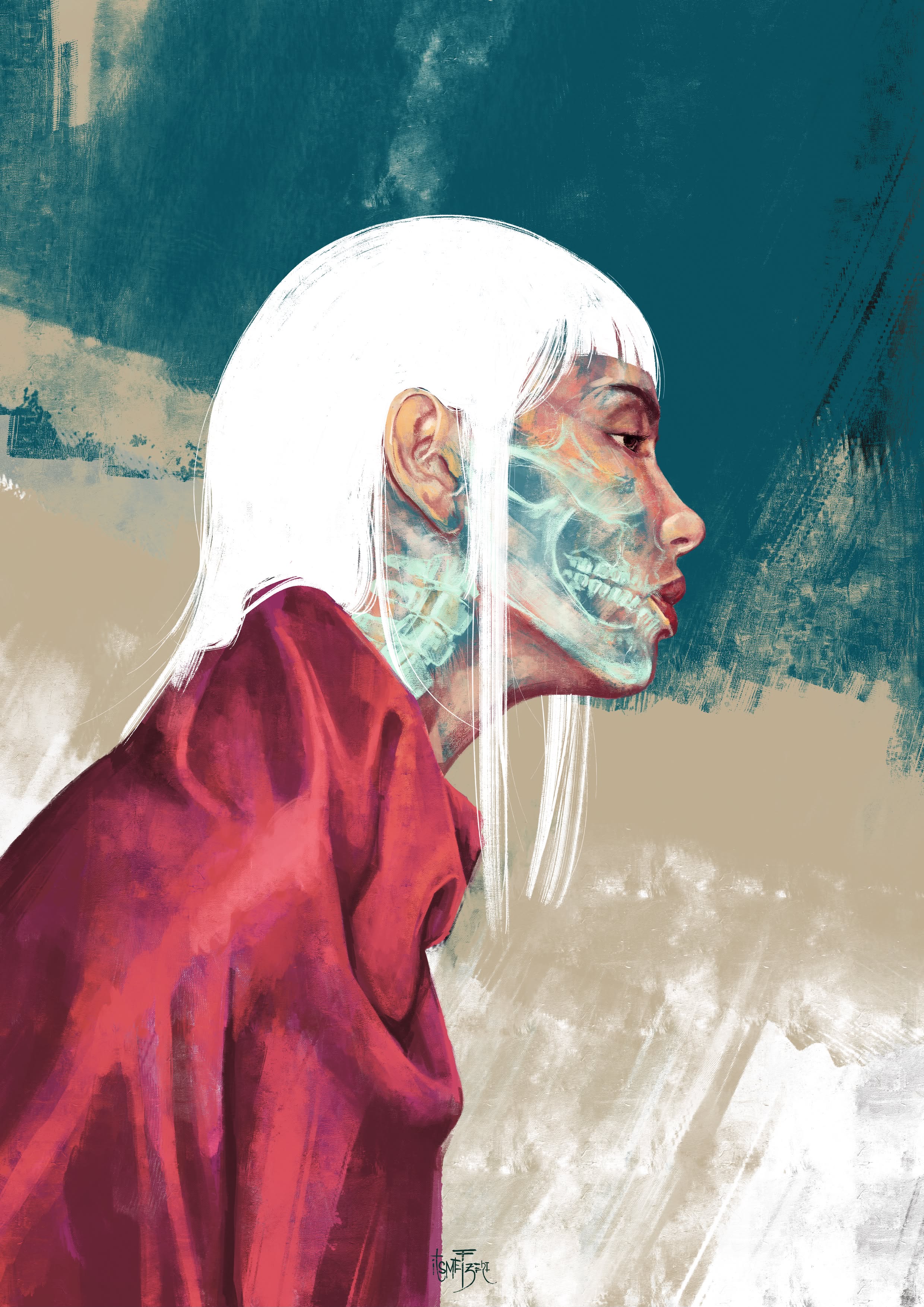 Profile portrait of a figure with white hair and a crimson garment, partly rendered as glowing skeletal anatomy