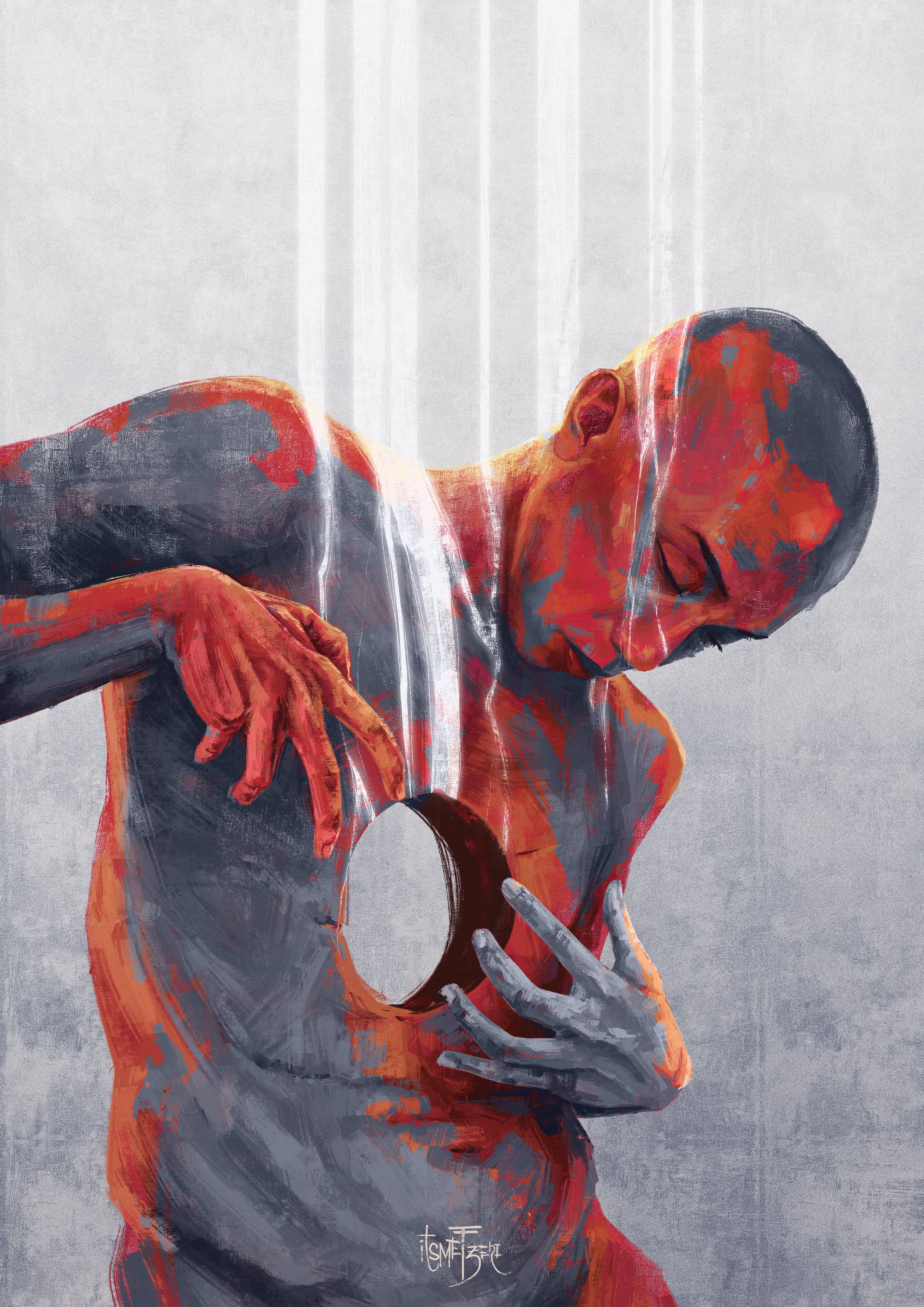 Painting of a red and grey figure reaching toward a dark ring-shaped opening in their torso