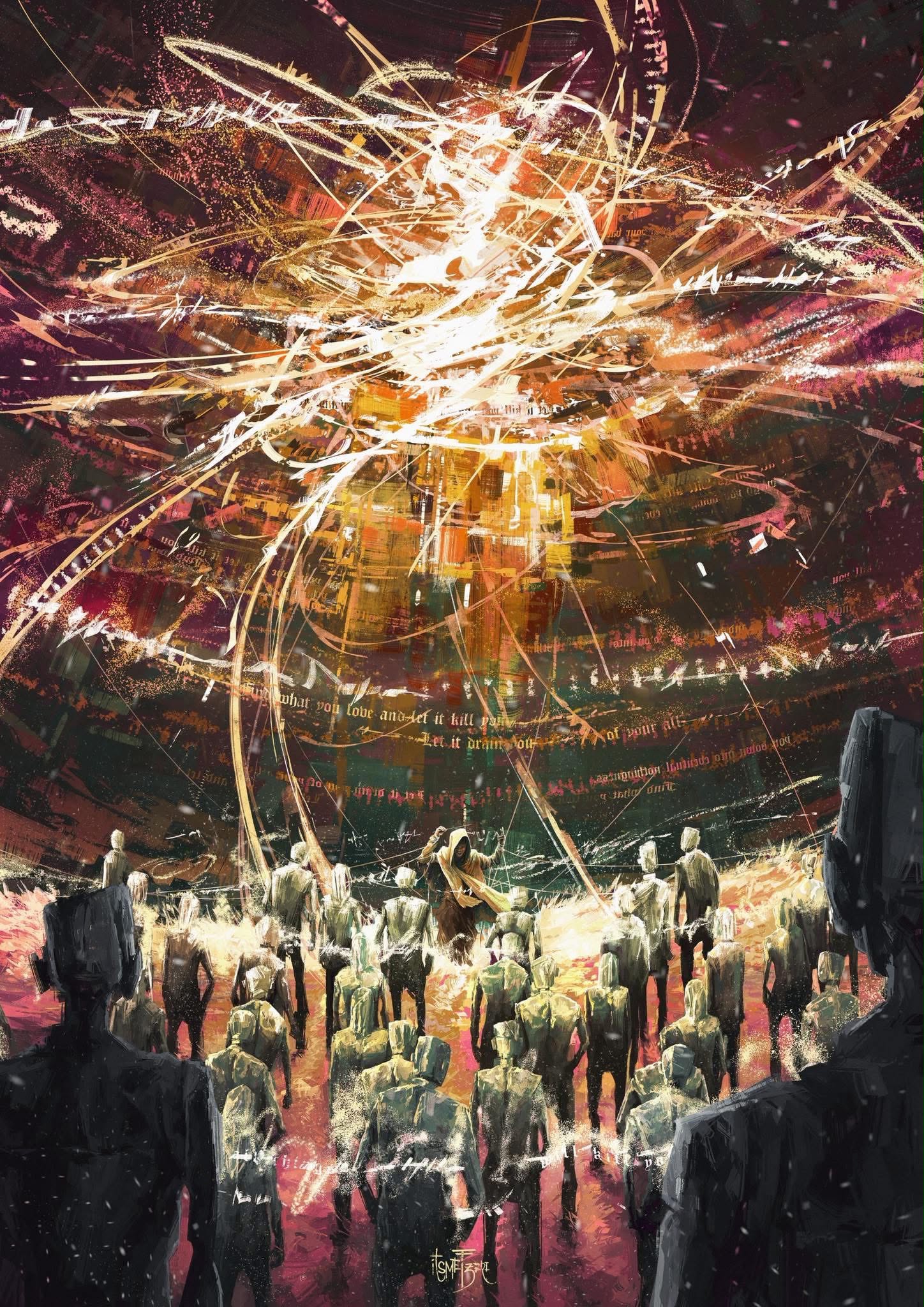 Painting of silhouetted figures facing a radiant burst of white and gold light against a crimson and amber sky