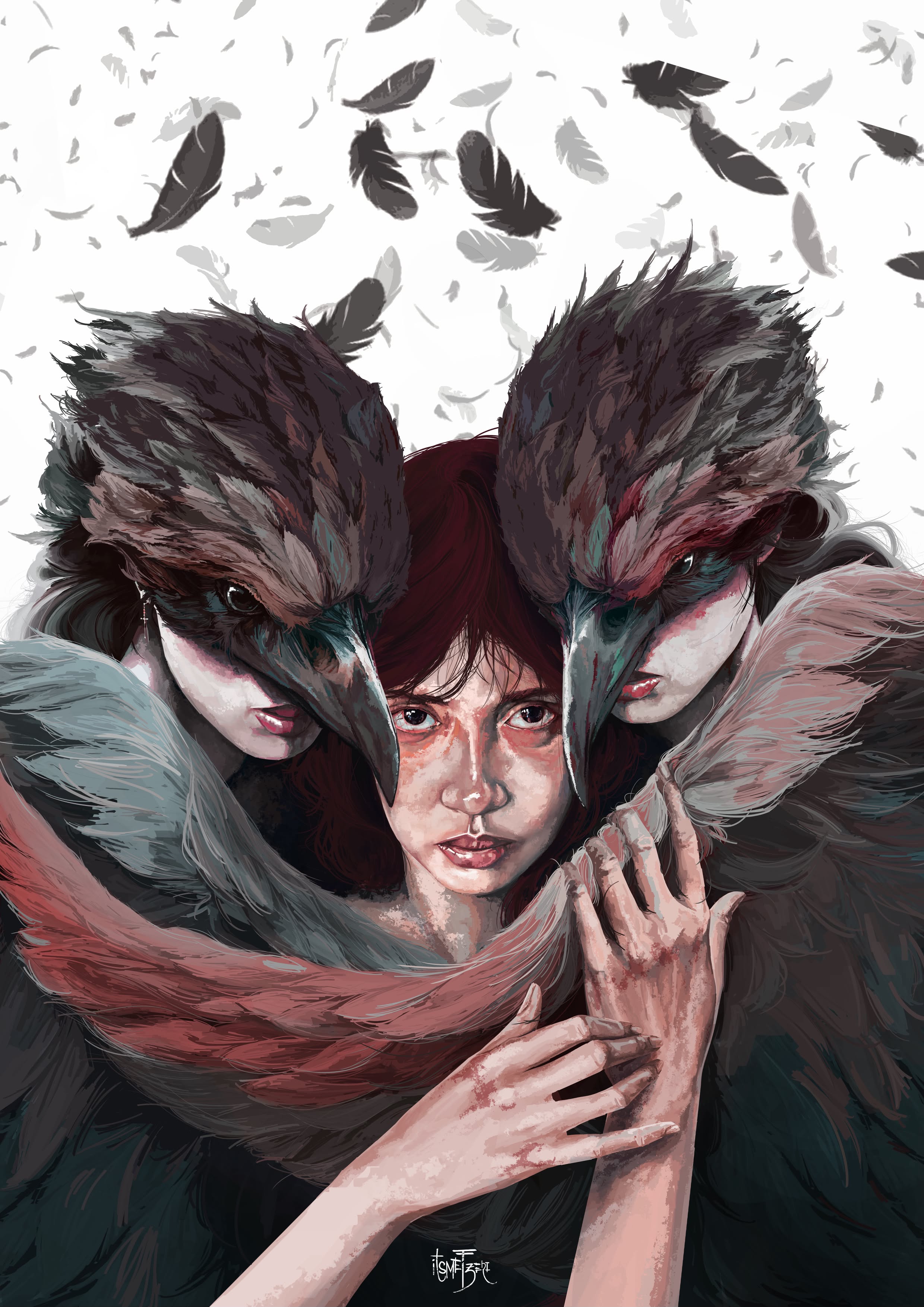 Painting of a young woman flanked by two bird-masked figures in sweeping feathered headdresses