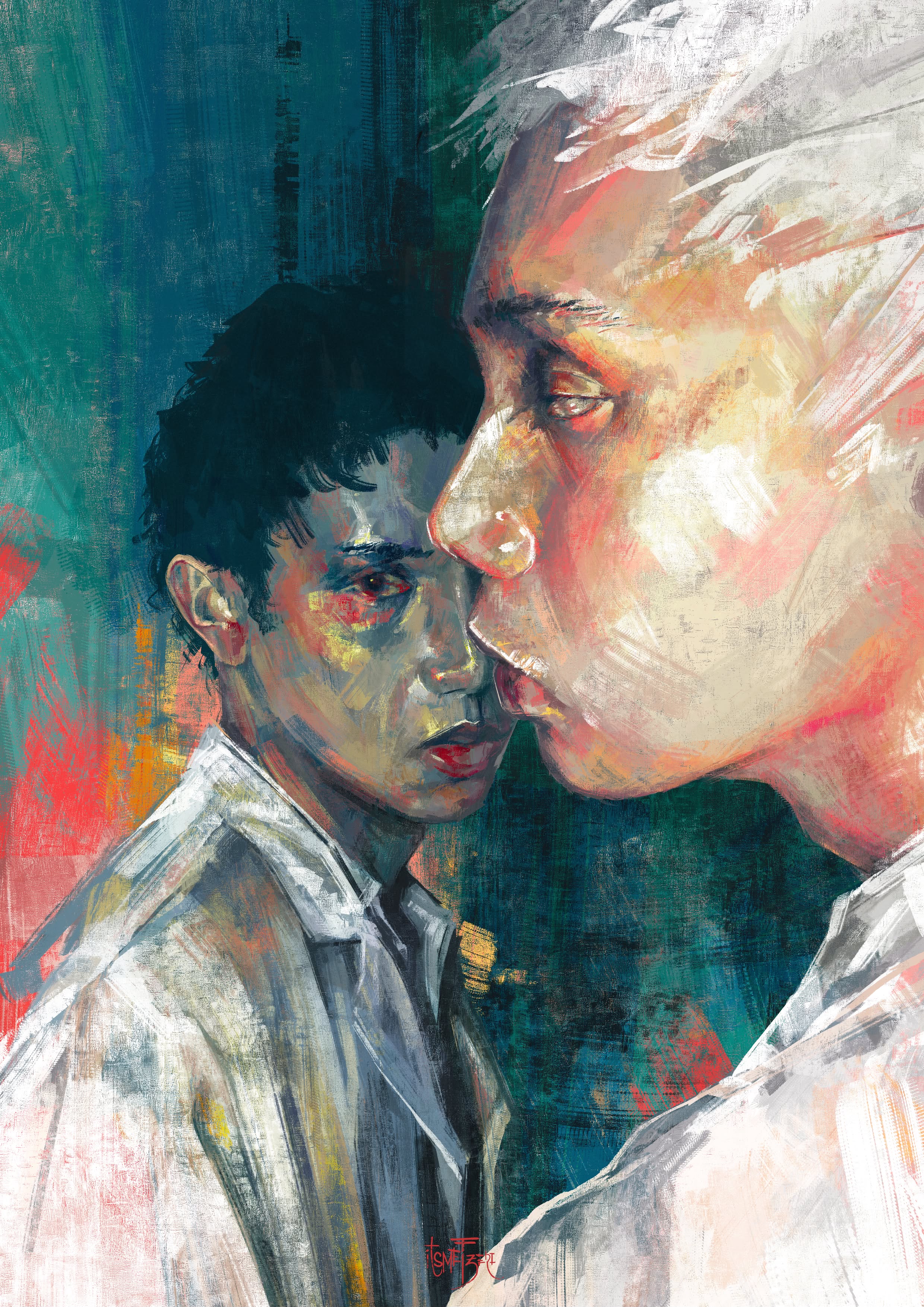 Painting of two faces in profile pressed close together against a teal and coral background