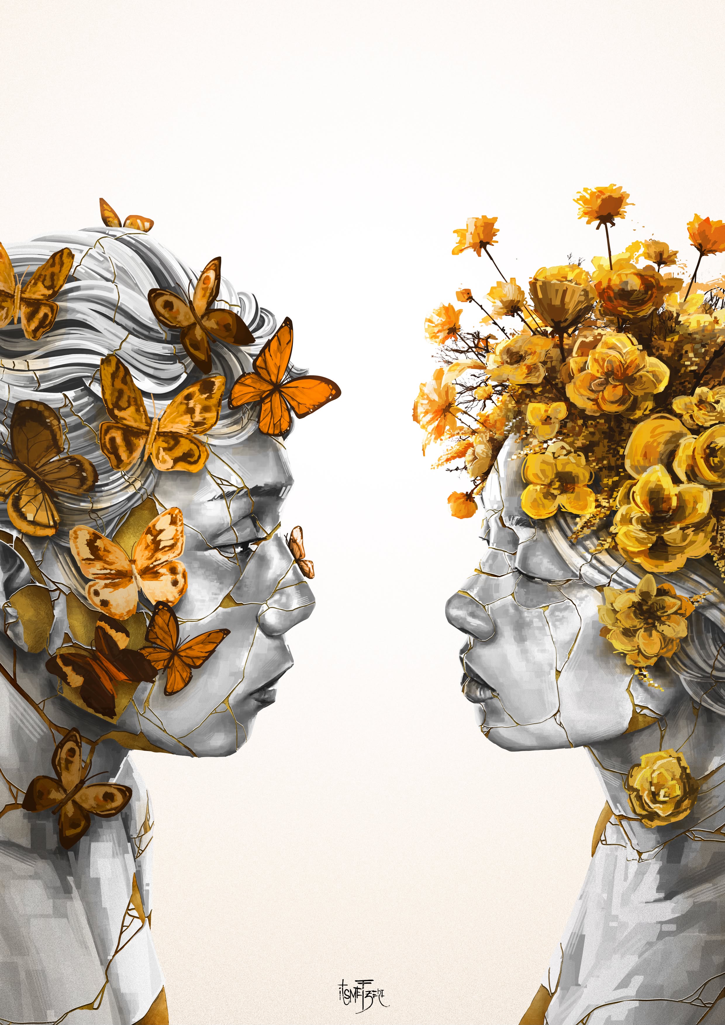 Painting of two cracked statue-like heads facing each other, crowned with butterflies and flowers