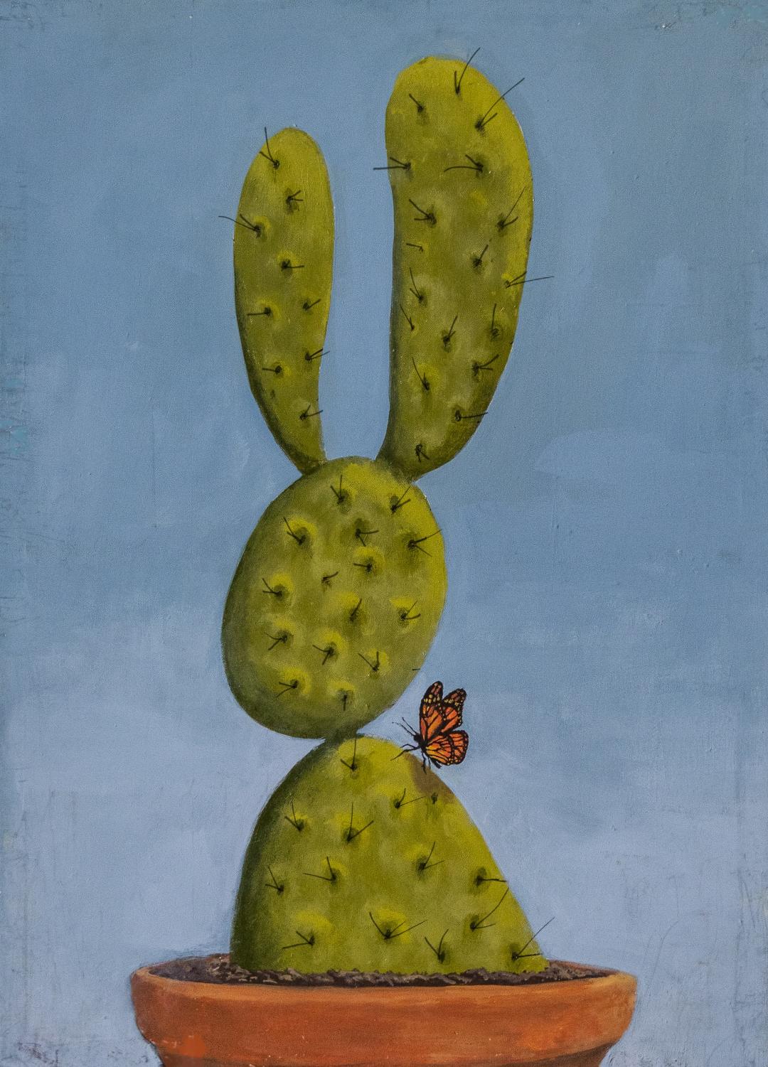 Painting of a tall rabbit-eared prickly pear cactus in a terracotta pot with a monarch butterfly resting on it, against a blue sky