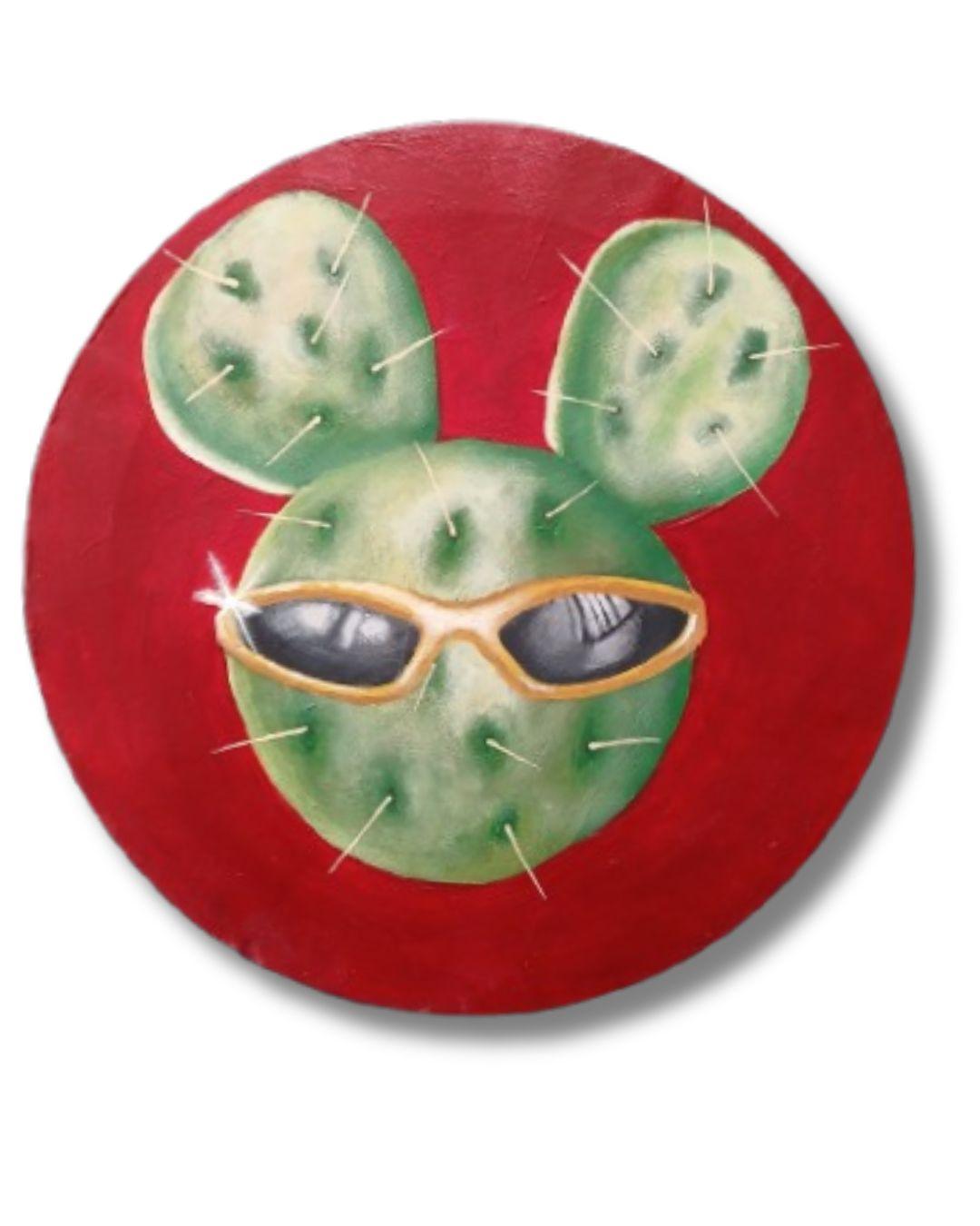Circular painting of a round cactus shaped like a mouse-eared silhouette, wearing sunglasses, against a deep red background