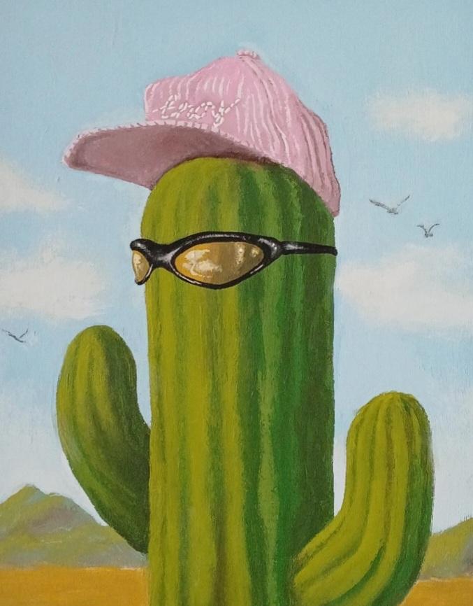 Painting of a tall saguaro cactus wearing a pink cap and black sunglasses against a desert landscape with mountains