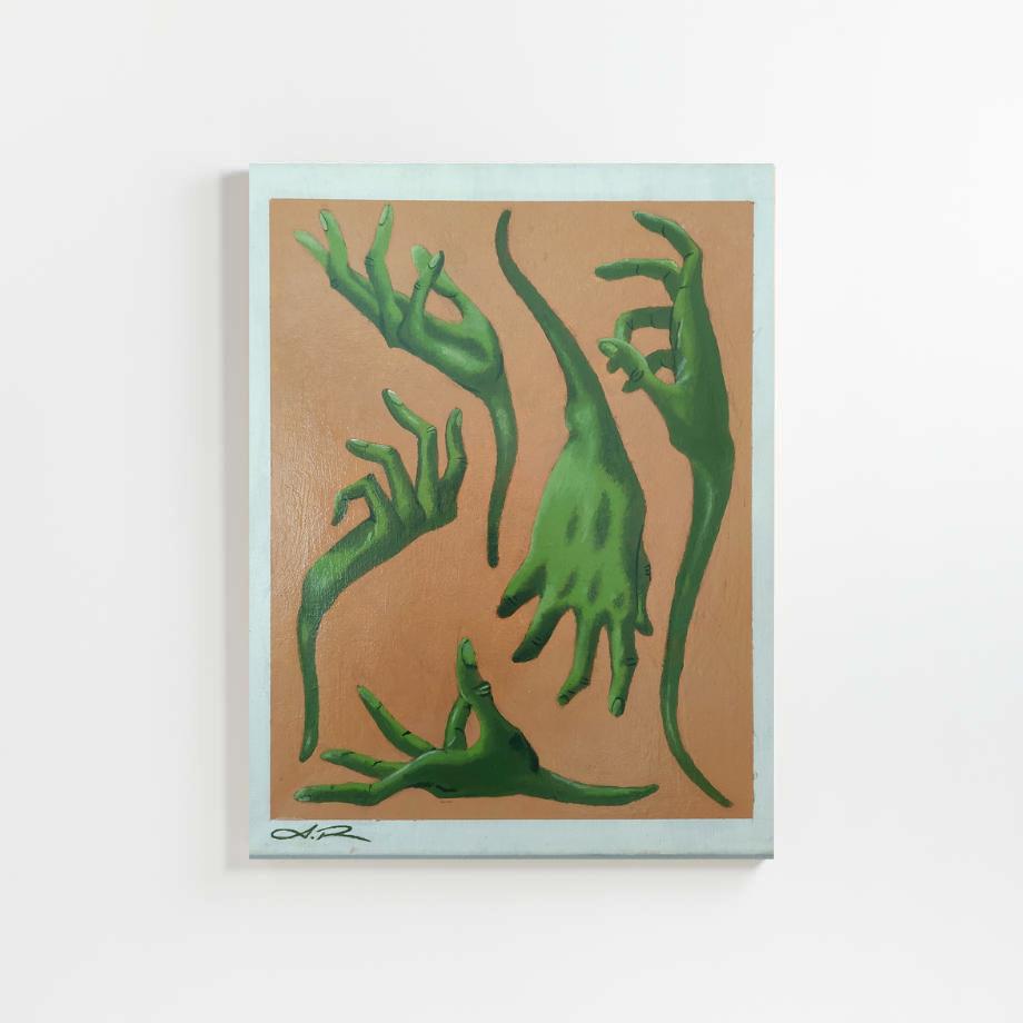 Painting of several disembodied green hands in varied expressive gestures against a warm tan background