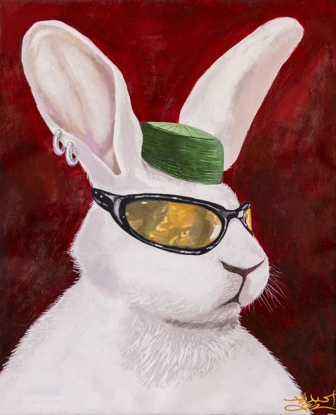 Painting of a white rabbit wearing a green kufi cap, sunglasses, and silver earrings against a dark red background