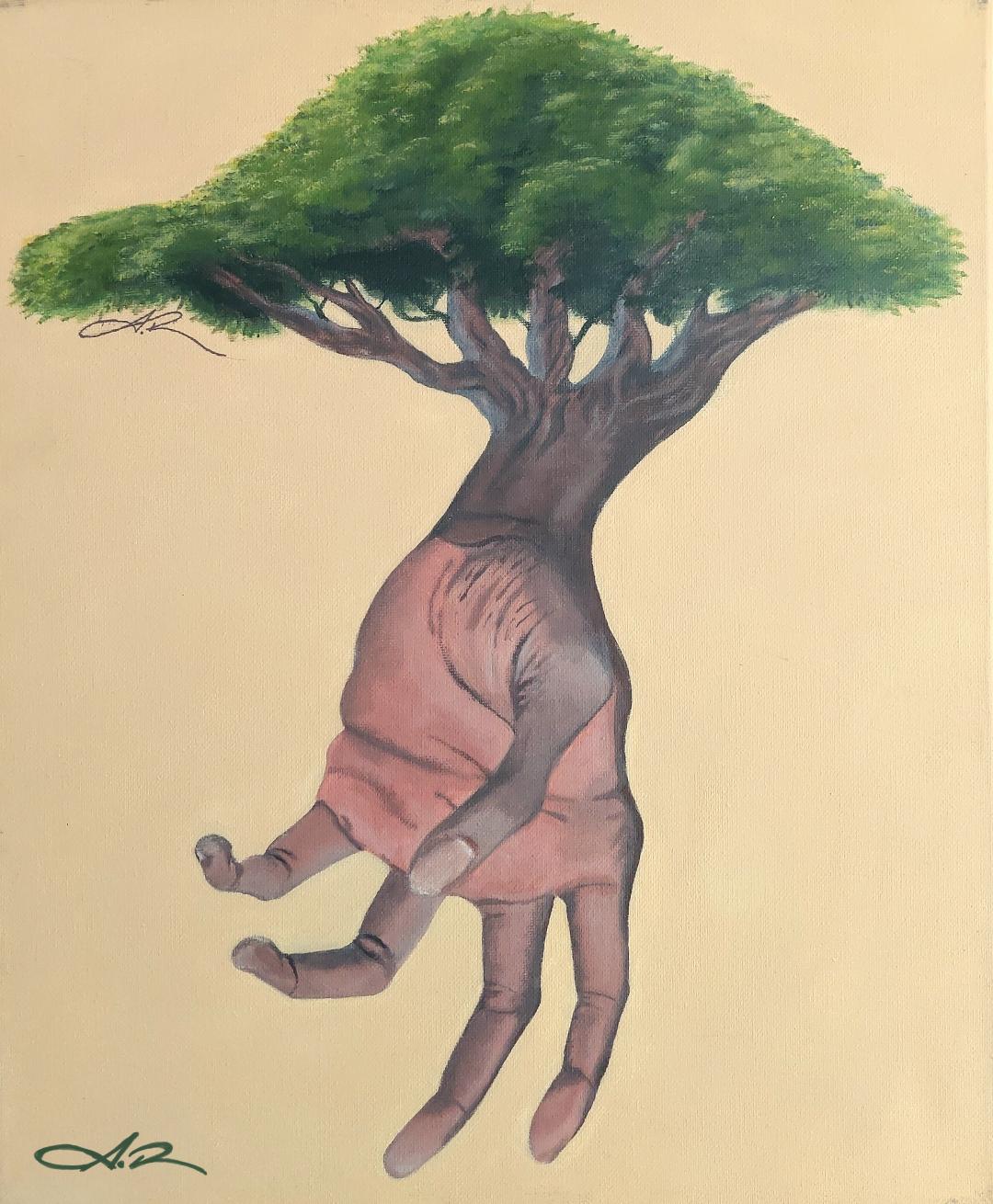 Painting of a hand and forearm growing into a tree trunk topped with a full green leafy canopy, against a pale cream background