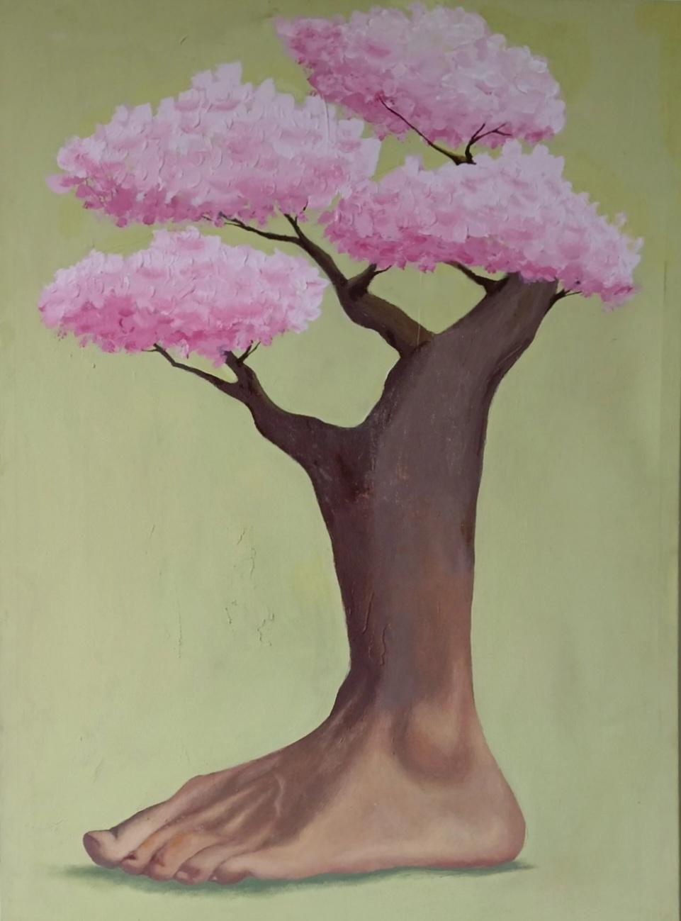 Painting of a bare foot in a black stiletto sandal, the ankle growing upward into a tree trunk with a canopy of green leaves