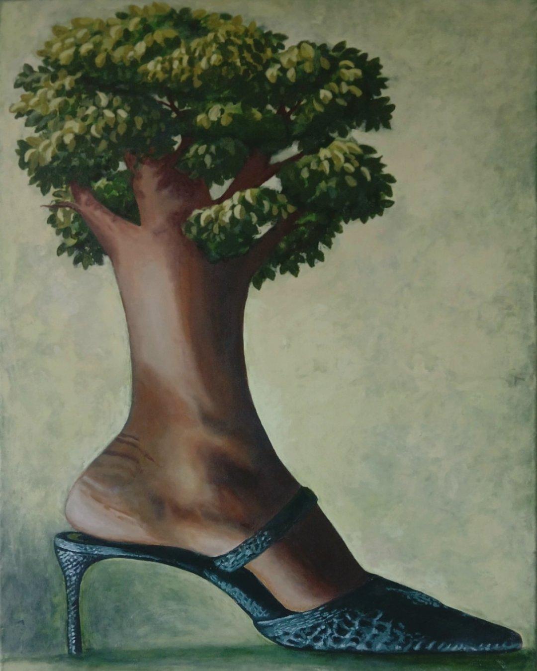 Painting of a bare foot with its ankle transforming into a tree trunk blooming with pink cherry blossoms, against a pale green background