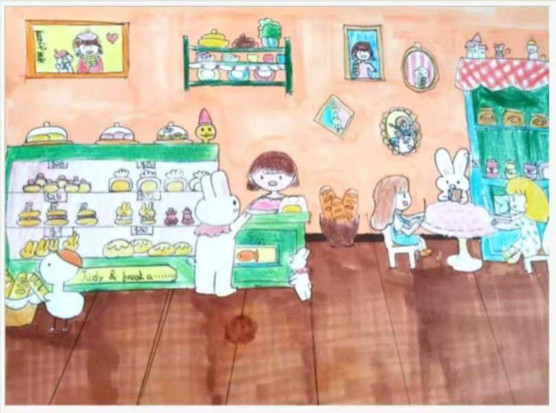 Illustrated bakery scene with rabbit and cat characters at a bread counter and cafe table