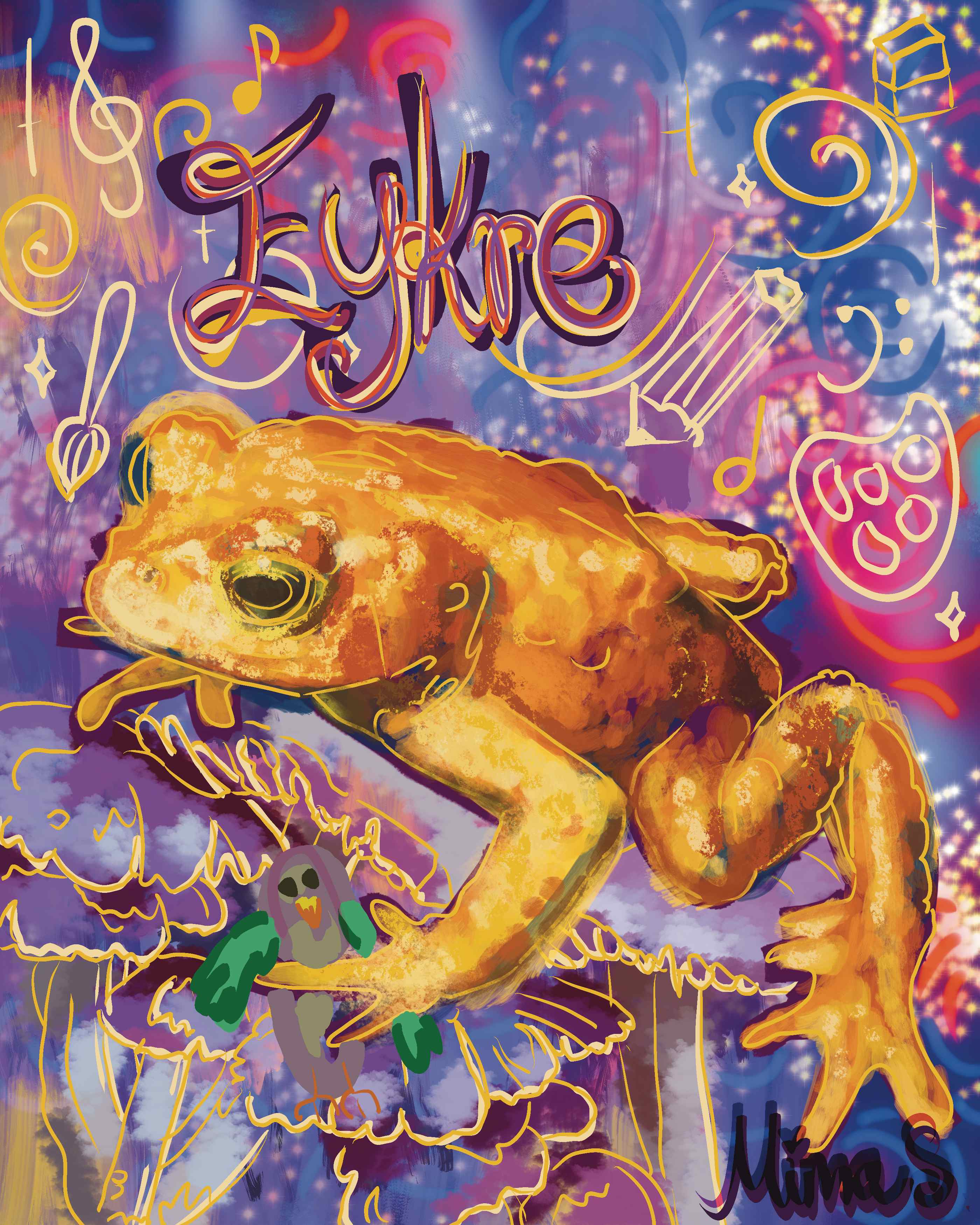Vivid mixed-media painting of a bright orange frog-like creature surrounded by expressive lettering, stars, and colorful marks