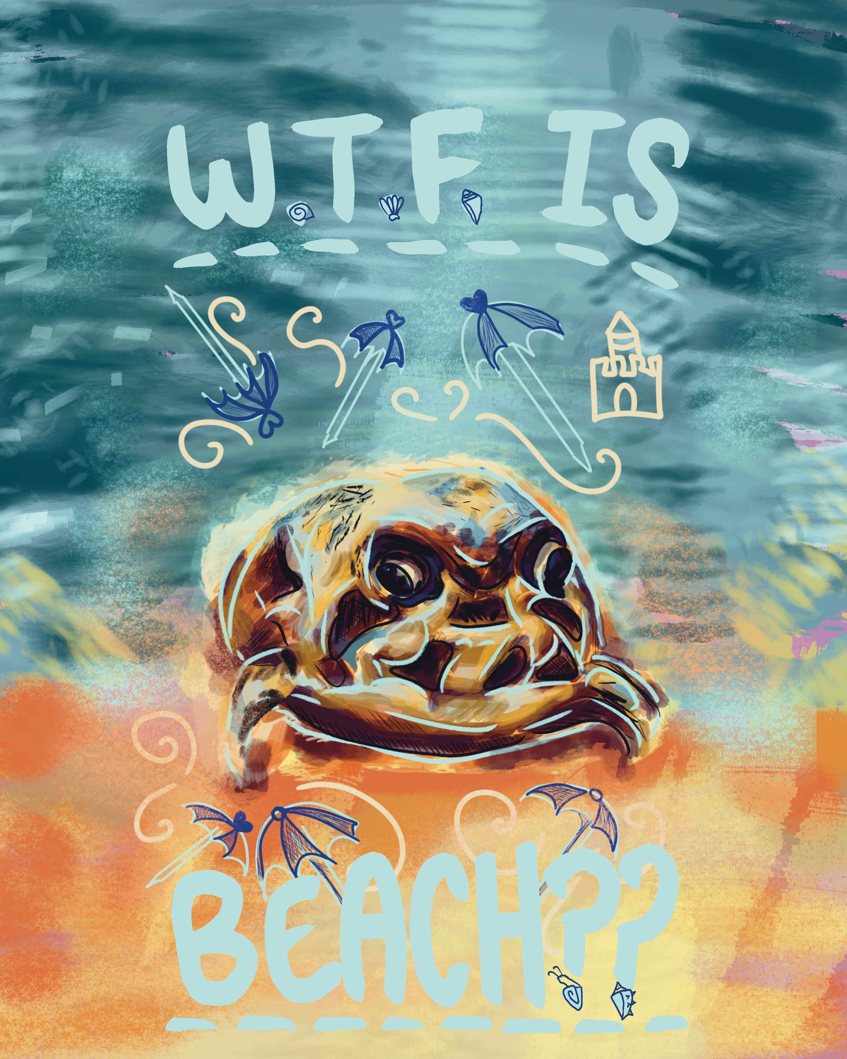 Colorful mixed-media painting of a sea-creature-like face emerging from a swirling blue and orange ocean with hand-drawn lettering