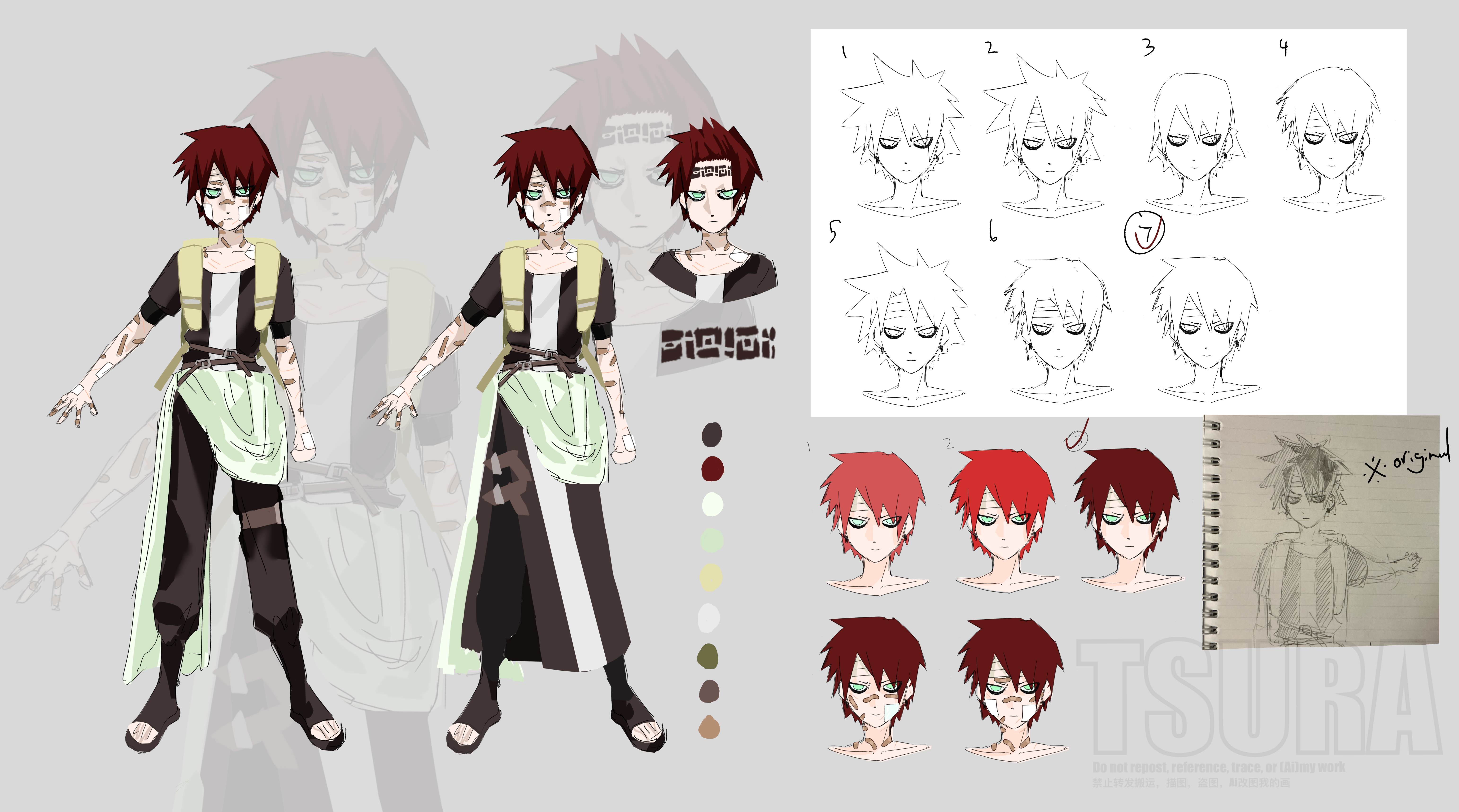 Anime-style character design sheet of a red-haired character with tribal markings, shown in multiple outfits, expressions and color studies