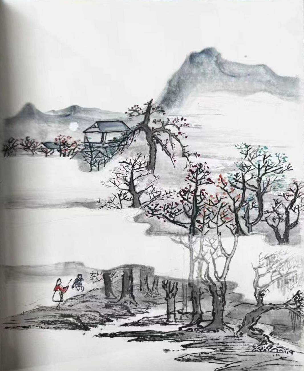 Ink landscape painting of misty mountains and autumn trees with two figures walking toward a lakeside house