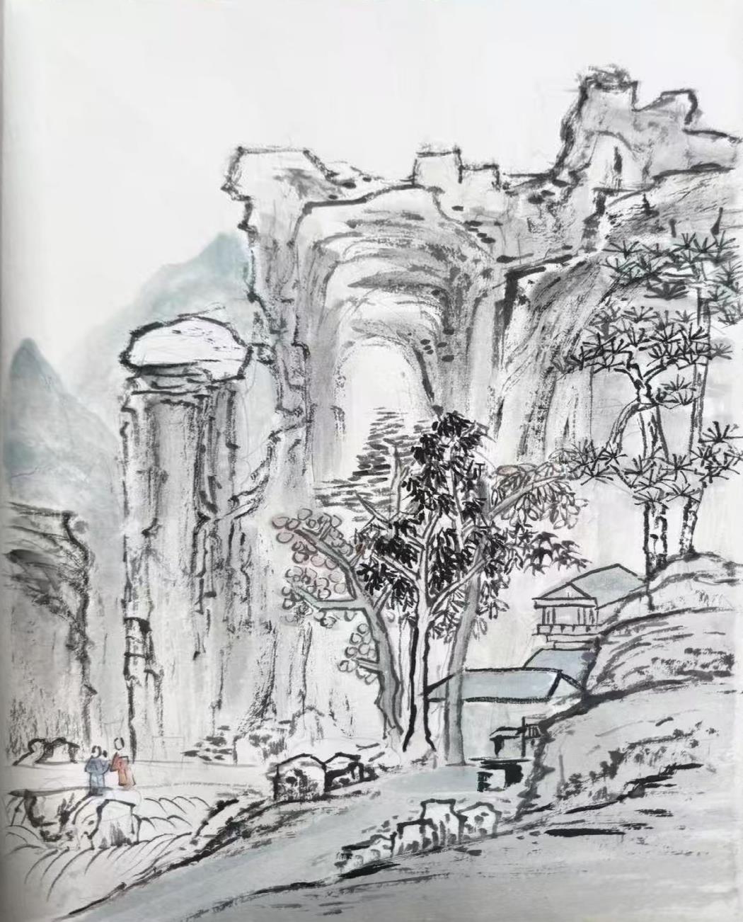 Ink landscape painting of dramatic stone cliffs, trees and small houses tucked into the rock, with two figures on a path